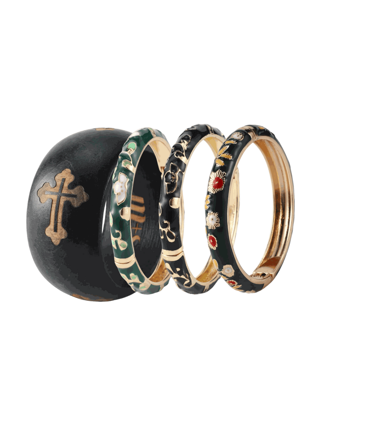 HOW TO STACK BANGLES IN 2026: THE MOON+STAR GUIDE with black and green enamel bangles, gold-tone edges and celestial motifs