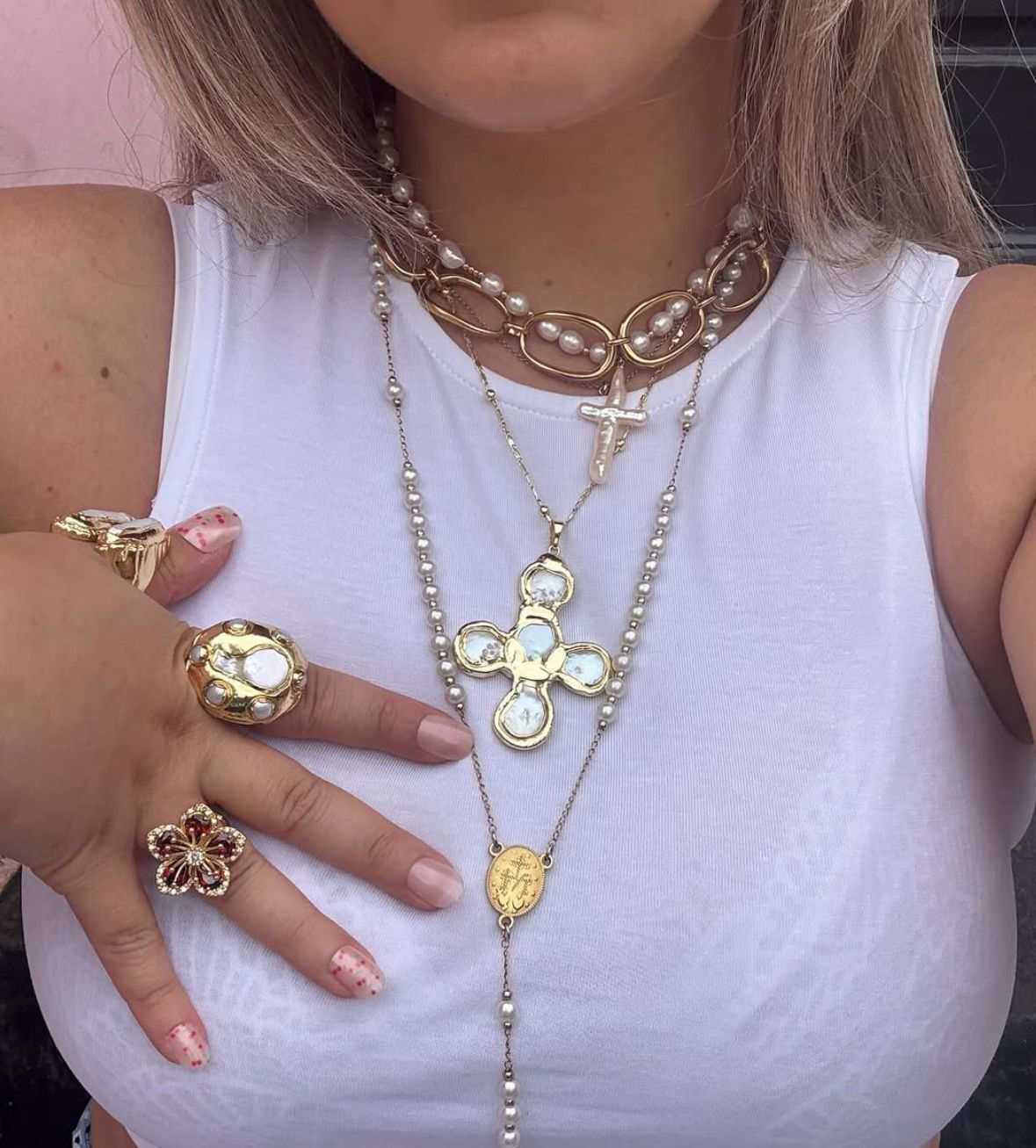Moon+Star Jewellery Reviews: What Our Customers Are Saying! featuring layered gold necklaces with pearls and cross pendants, plus ornate gold rings