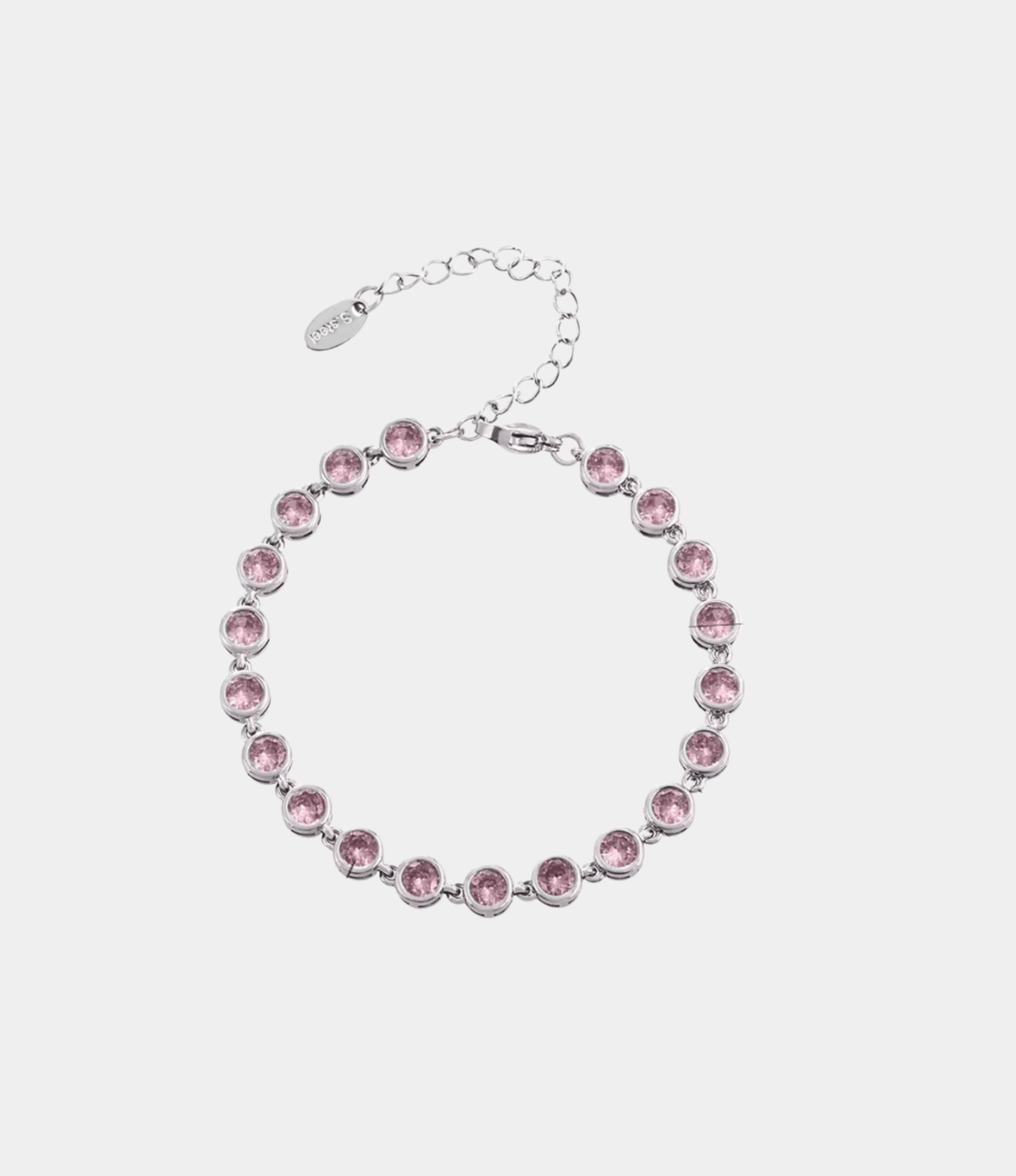 VIVIAN BRACELET IN PINK, silver-tone metal bracelet with a single row of round pink stones and an extender chain.