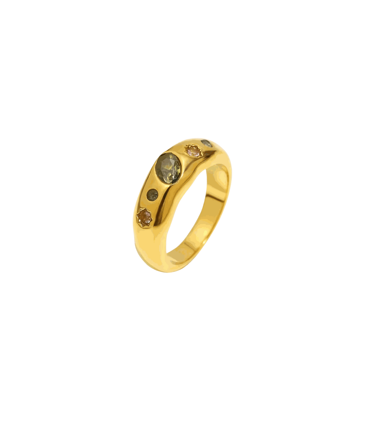 MINA RING in gold-tone metal with a wide curved band and multicoloured round stones set along the top.