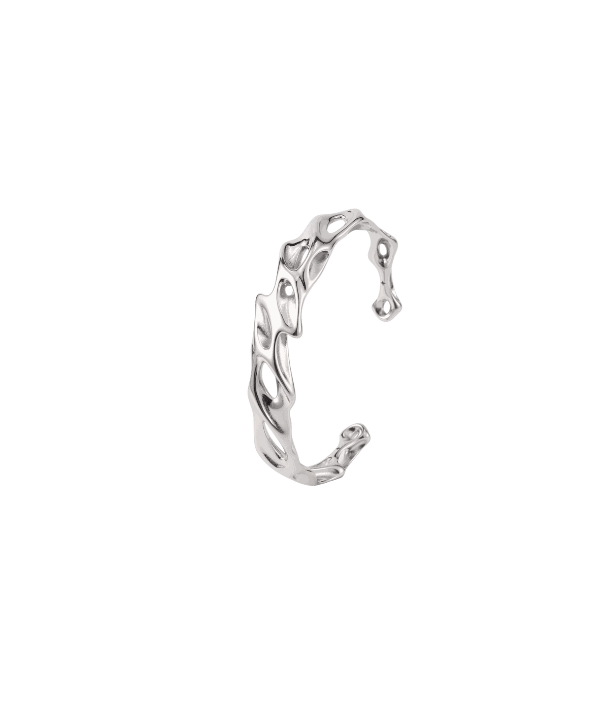Silver stainless steel open cuff bangle with a sculpted molten shape and flowing cut-out details, unlike a CHERRY ITALIAN CHARM BRACELET.