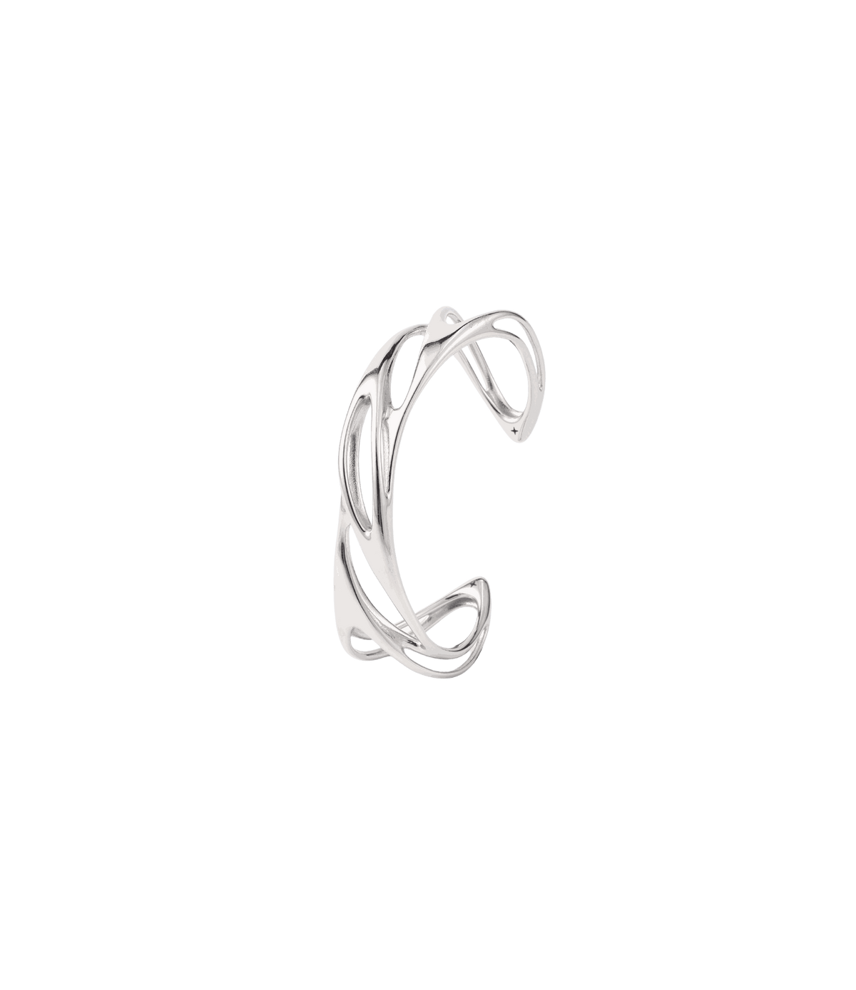 Silver stainless steel open cuff bangle with sculptural flowing loops; CHERRY ITALIAN CHARM BRACELET keyword included.