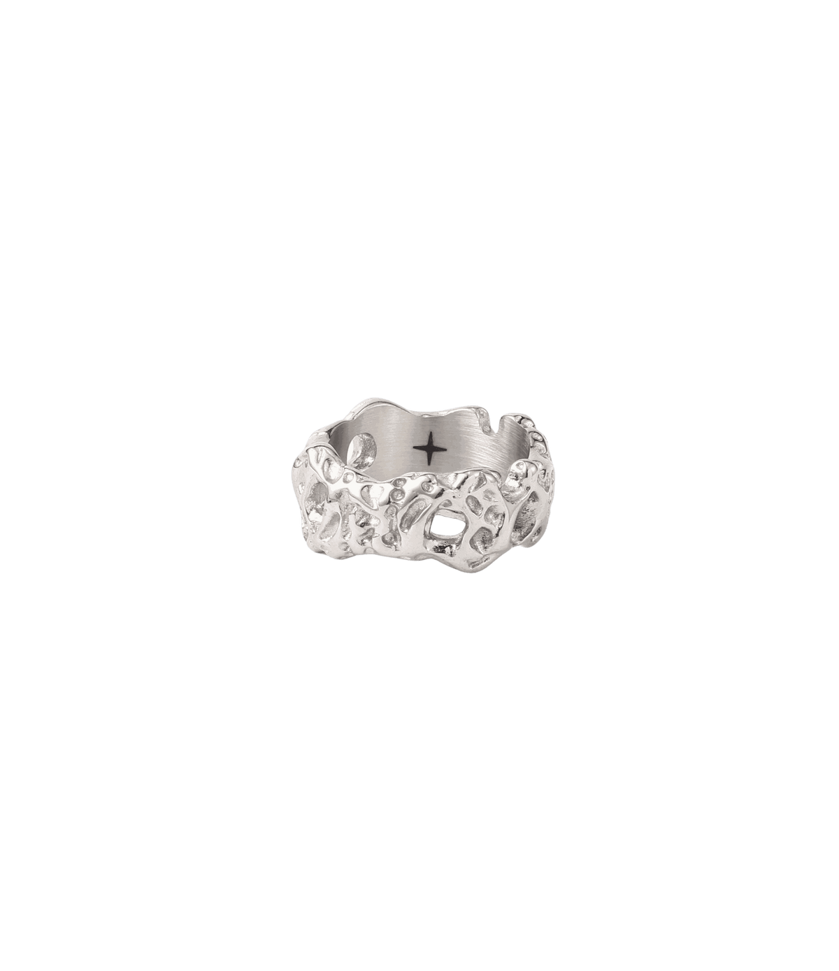 Silver stainless steel ring with an irregular sculptural openwork band, unlike a CHERRY ITALIAN CHARM BRACELET.