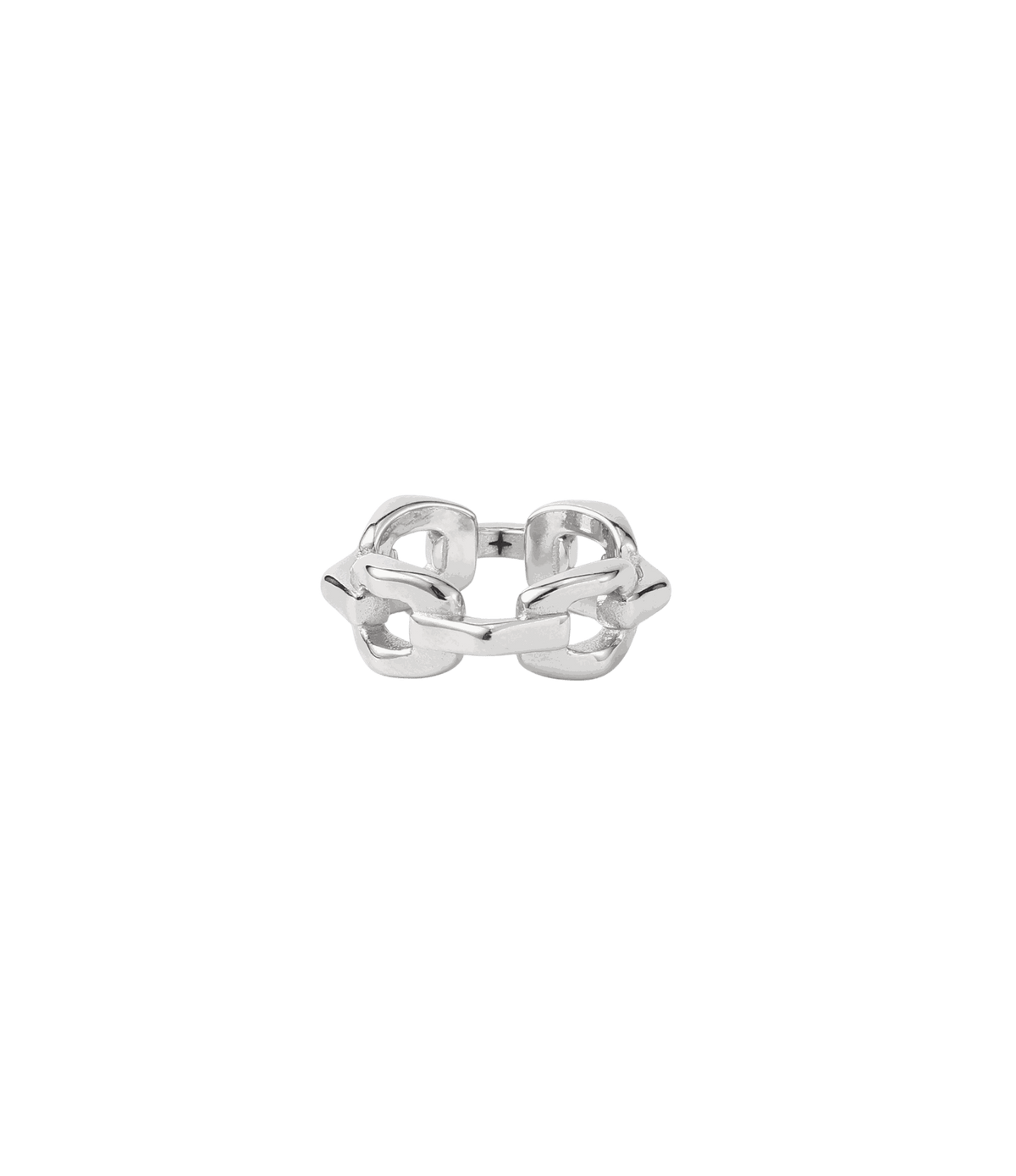 Silver stainless steel statement ring with polished interlocking chain links; CHERRY ITALIAN CHARM BRACELET is a separate keyword.