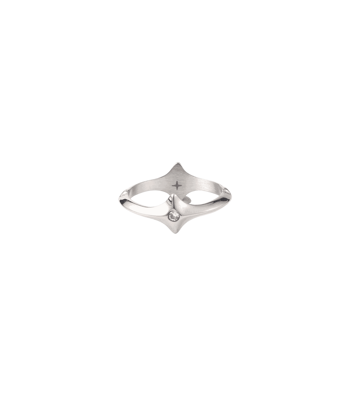 Silver stainless steel ring with an open four-point sculptural design and a clear centre stone, CHERRY ITALIAN CHARM BRACELET.