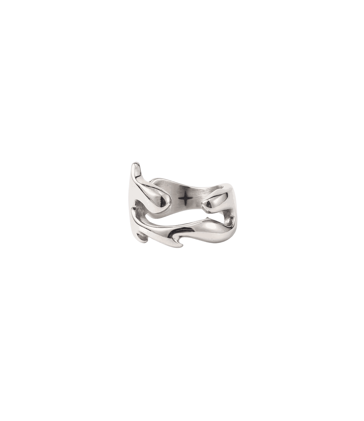 Silver stainless steel ring with a polished, open band and sculptural curved details; CHERRY ITALIAN CHARM BRACELET style.