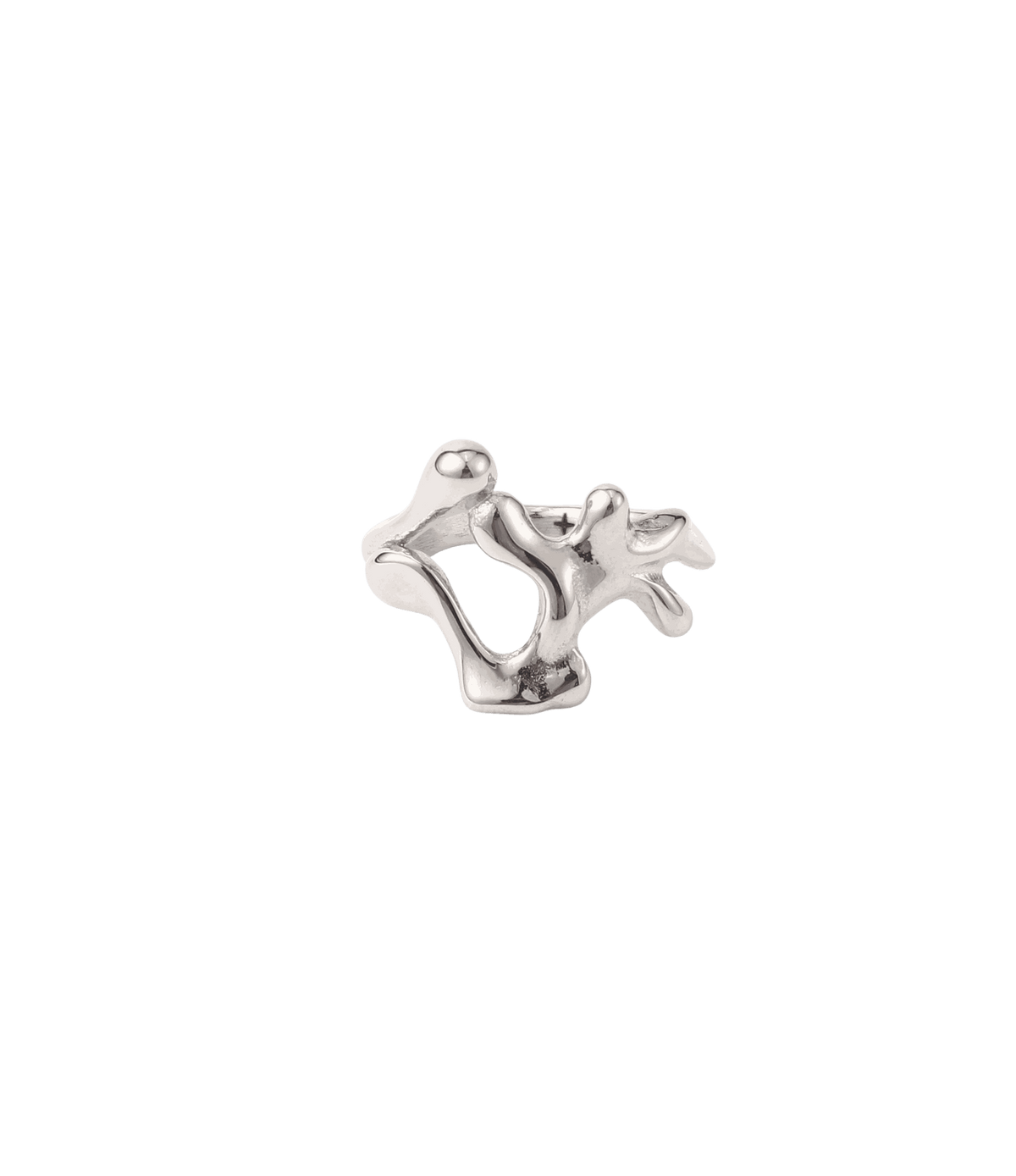 Silver-tone sculptural ring with polished, irregular open curves and an asymmetric organic shape; CHERRY ITALIAN CHARM BRACELET is mismatched.