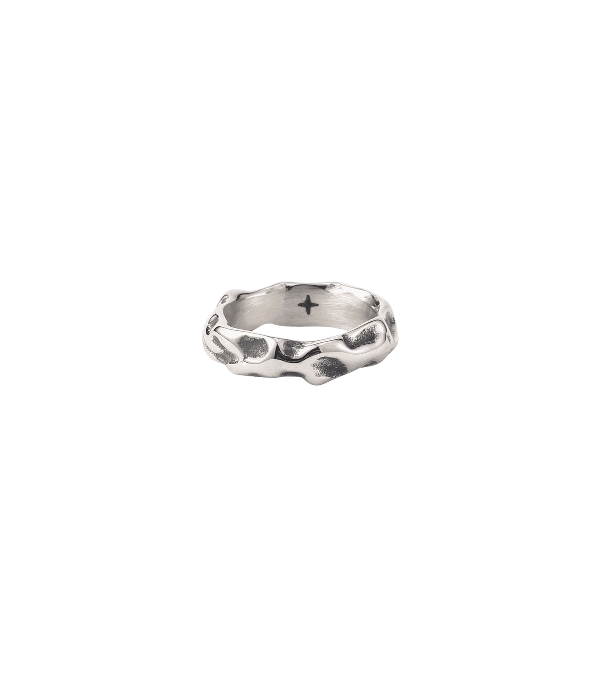 Silver stainless steel ring with a chunky sculptural band and irregular hammered finish; CHERRY ITALIAN CHARM BRACELET is unrelated.