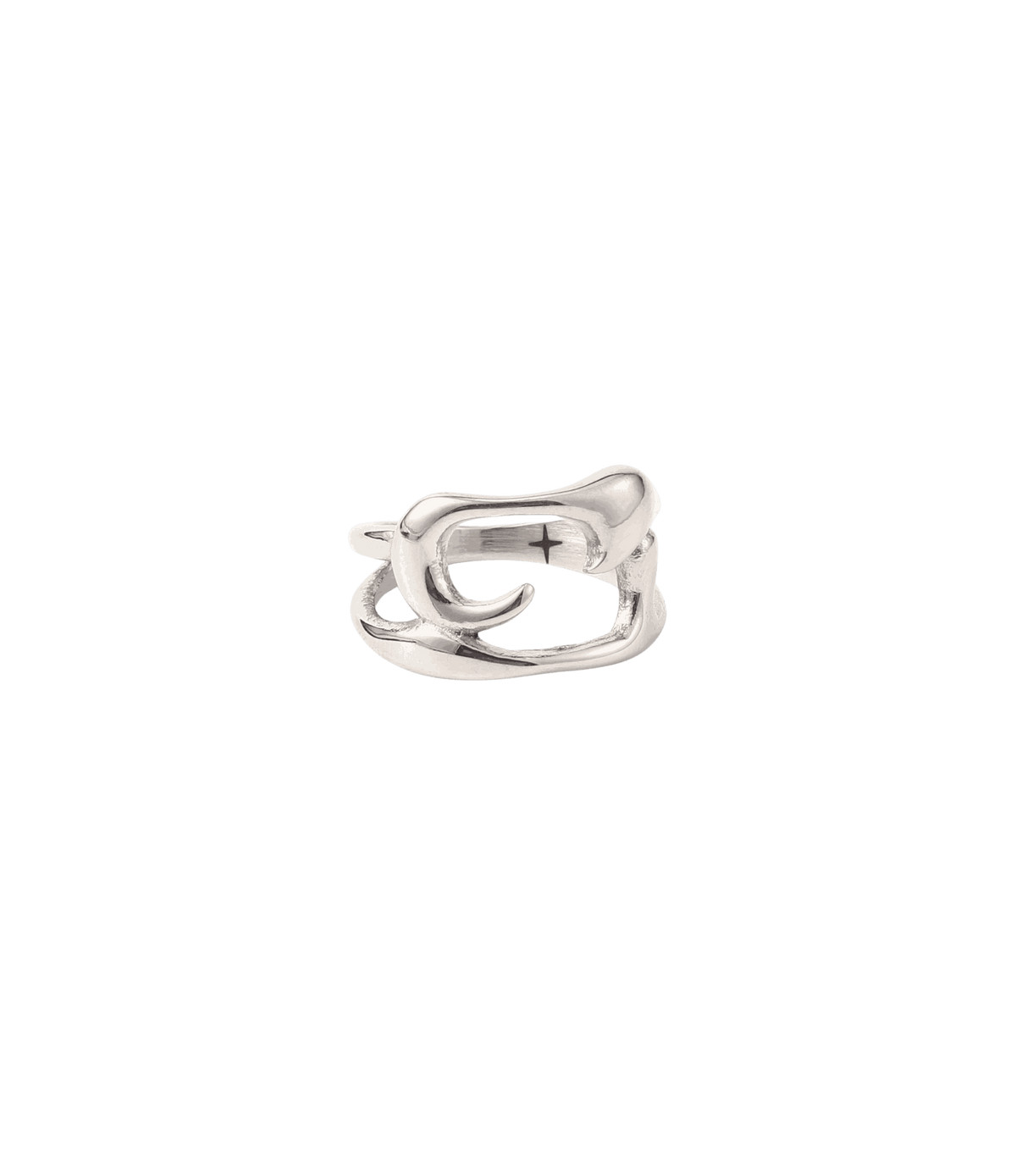 Sculptural silver ring with polished stainless steel openwork and curved claw-like lines, styled with CHERRY ITALIAN CHARM BRACELET.