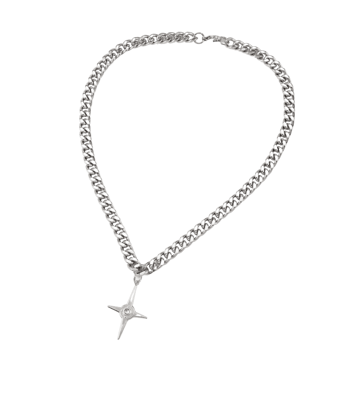 Silver stainless steel curb chain necklace with a small four-point star pendant; CHERRY ITALIAN CHARM BRACELET keyword included.