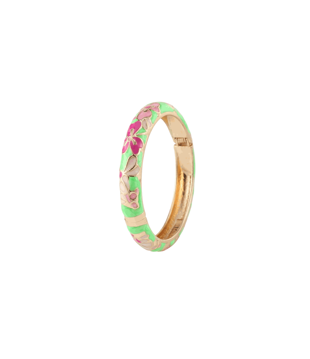 DAYDREAM BANGLE IN FLORA, gold-tone bangle with pale green enamel and pink floral detailing on a hinged band.