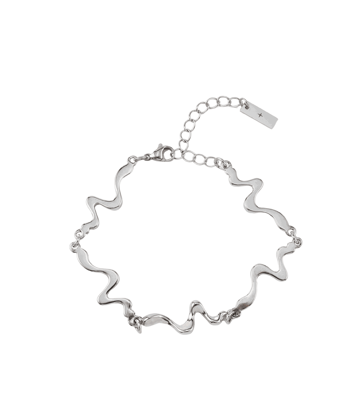 Silver stainless steel bracelet with sculptural, flowing wave links and an adjustable extender chain, CHERRY ITALIAN CHARM BRACELET