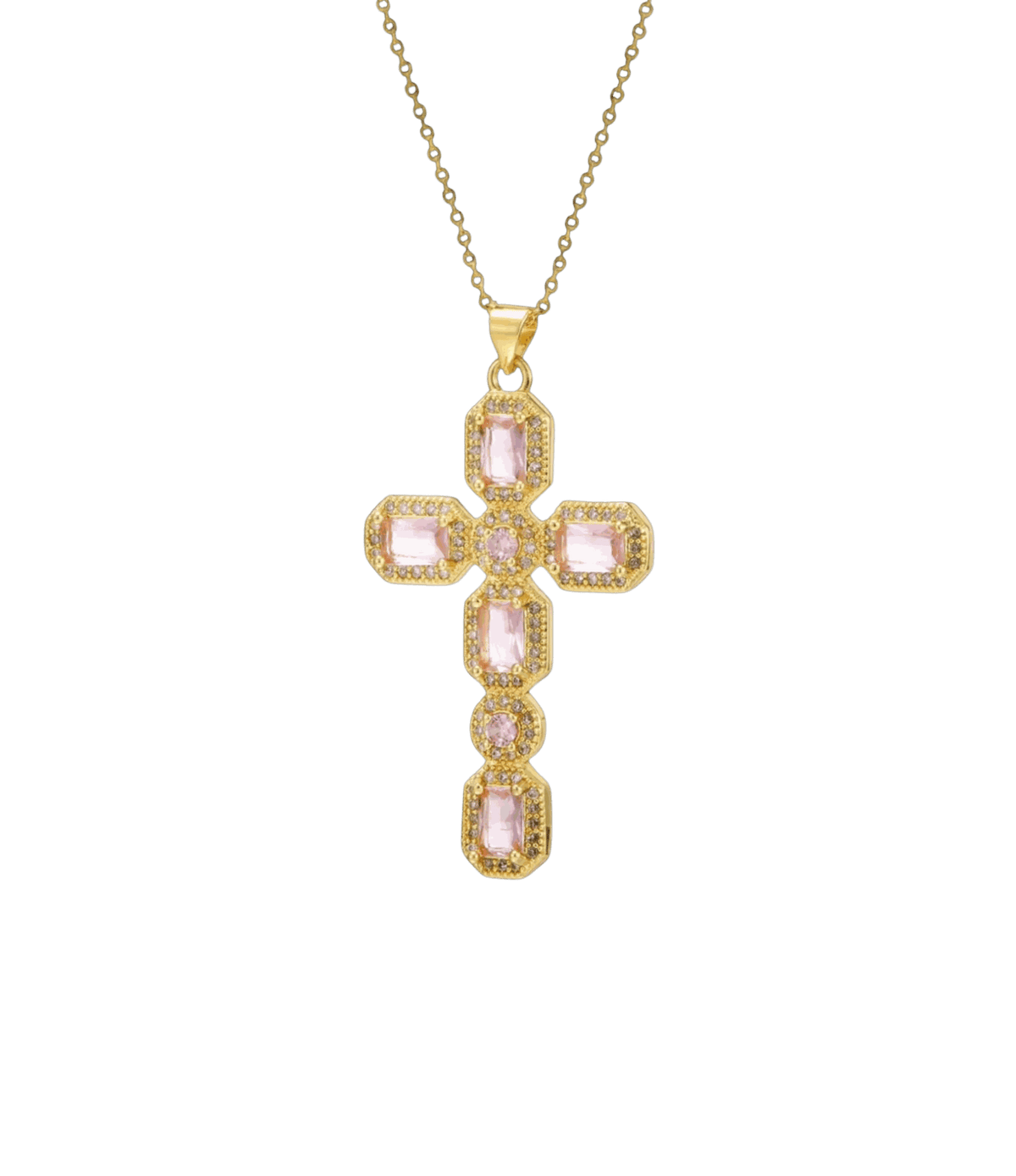 AMARA CROSS NECKLACE in gold-tone metal with pale pink rectangular stones and clear accents in a cross pendant design.