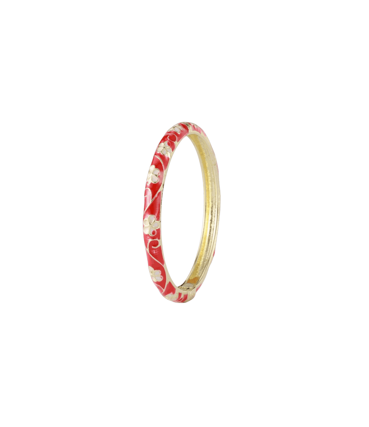 PIXIE BANGLE IN BRIGHT RED, slim enamel and gold-tone metal bangle with a red floral and scrolling pattern.