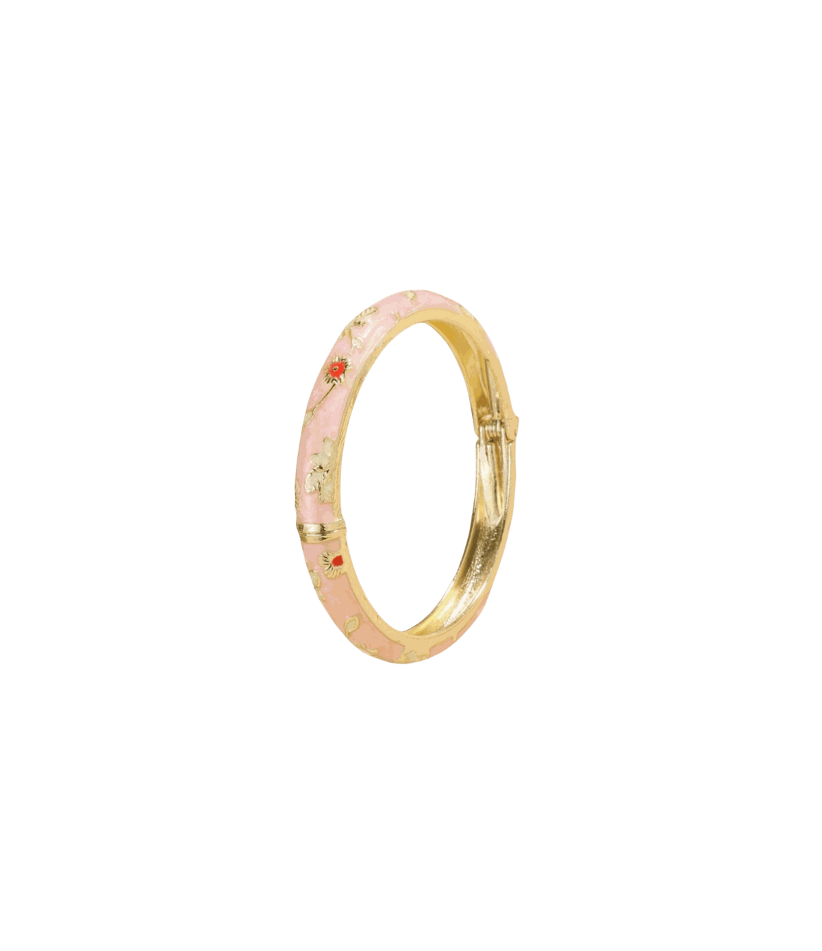 ENAMEL FAIRY BANGLE in pale pink enamel with a gold-tone metal band, decorated with small floral details and a clasp.