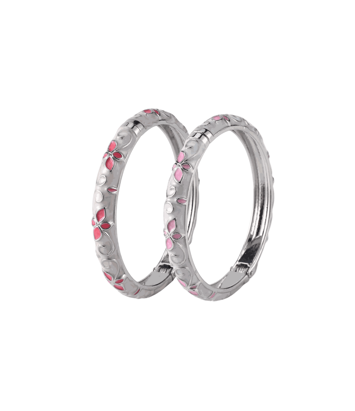 MOONFLOWER BANGLE SET of two silver-tone metal bangles with raised floral details and pink enamel accents.