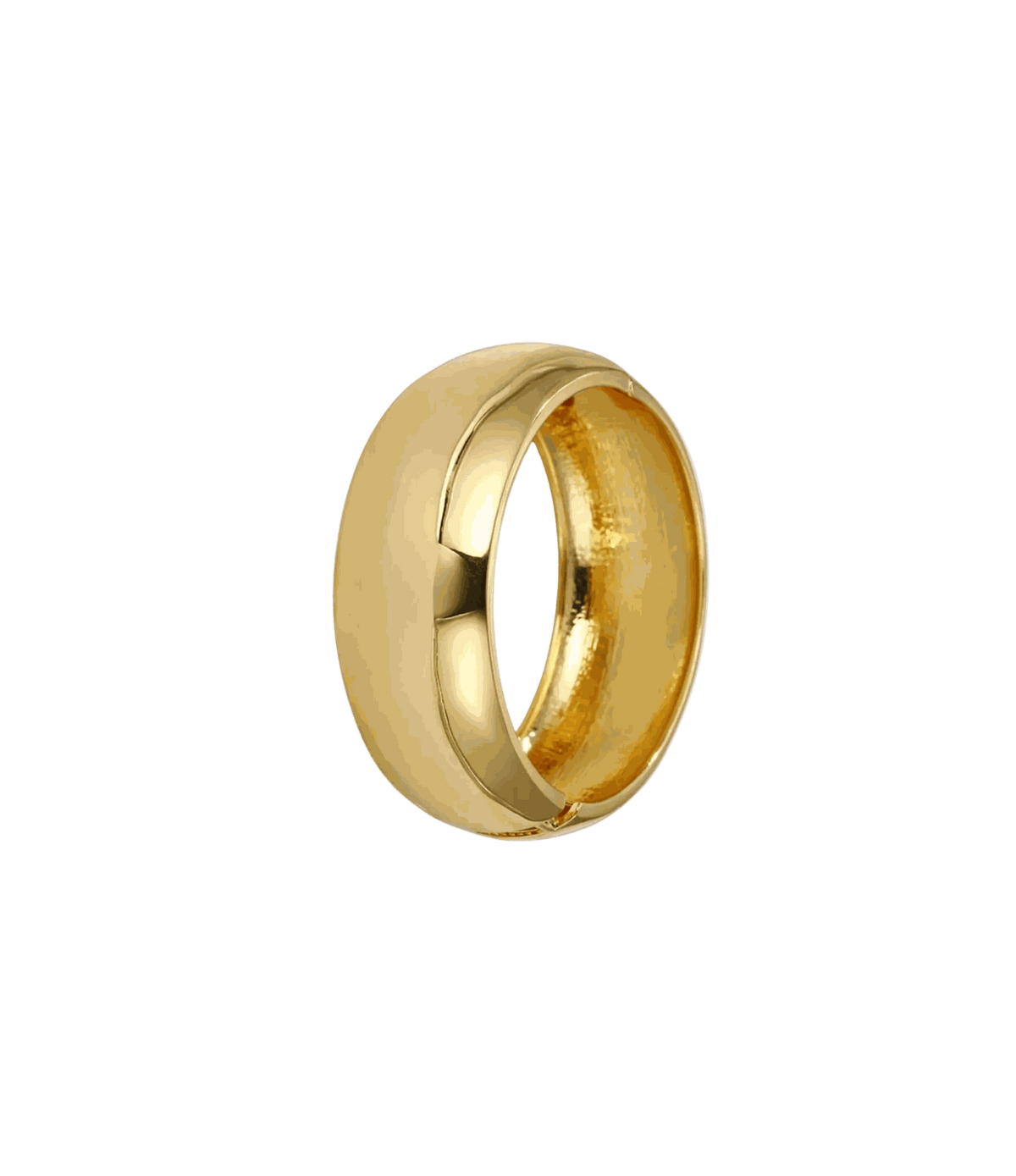 MINDY BANGLE, a wide polished gold-tone metal bangle with a smooth rounded band and open circular shape.