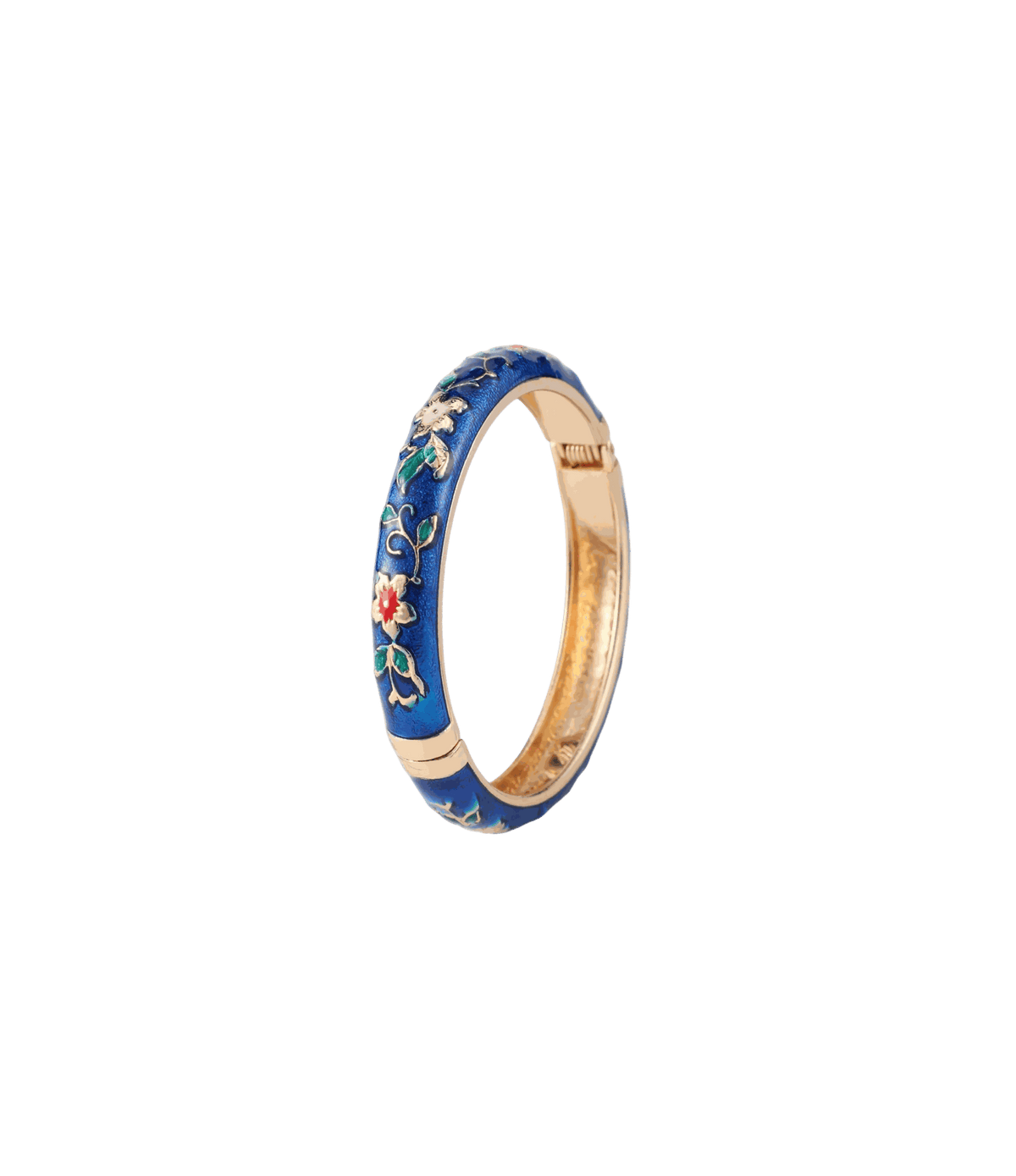 MIRA BANGLE IN BLUE, a slim gold-tone metal bangle with bright blue enamel and delicate multicoloured floral vine details