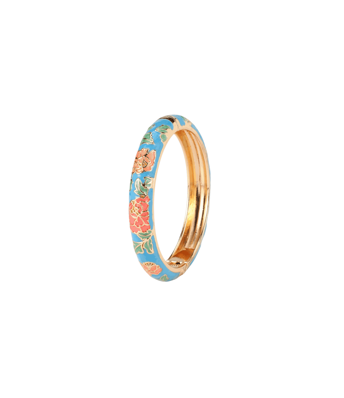 VIENNA ENAMEL BANGLE with a sky-blue enamel band, coral floral pattern and gold-tone metal detailing.