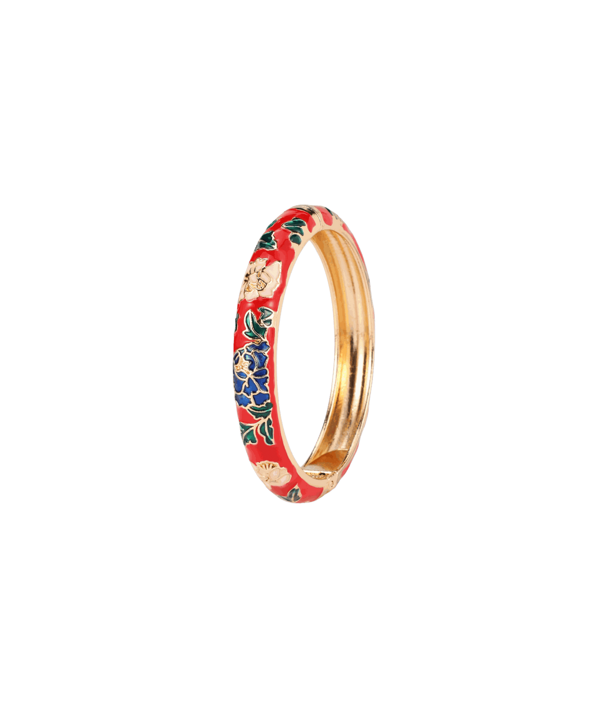 VIENNA ENAMEL BANGLE with a glossy red enamel band, intricate multicoloured floral motifs and gold-tone metal edging.