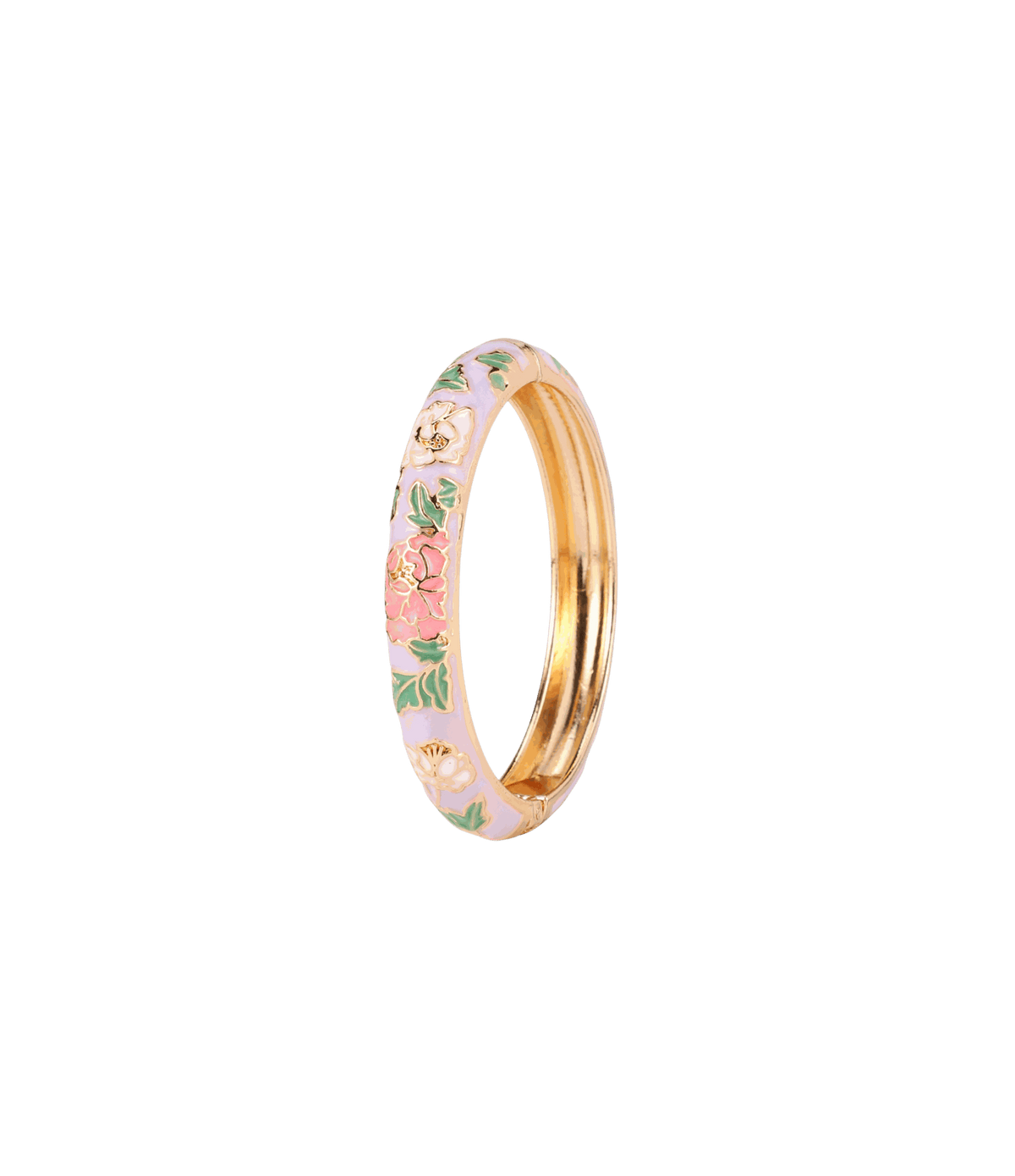 VIENNA ENAMEL BANGLE in pale lavender enamel with pink and white floral motifs, green leaves and gold-tone edging.