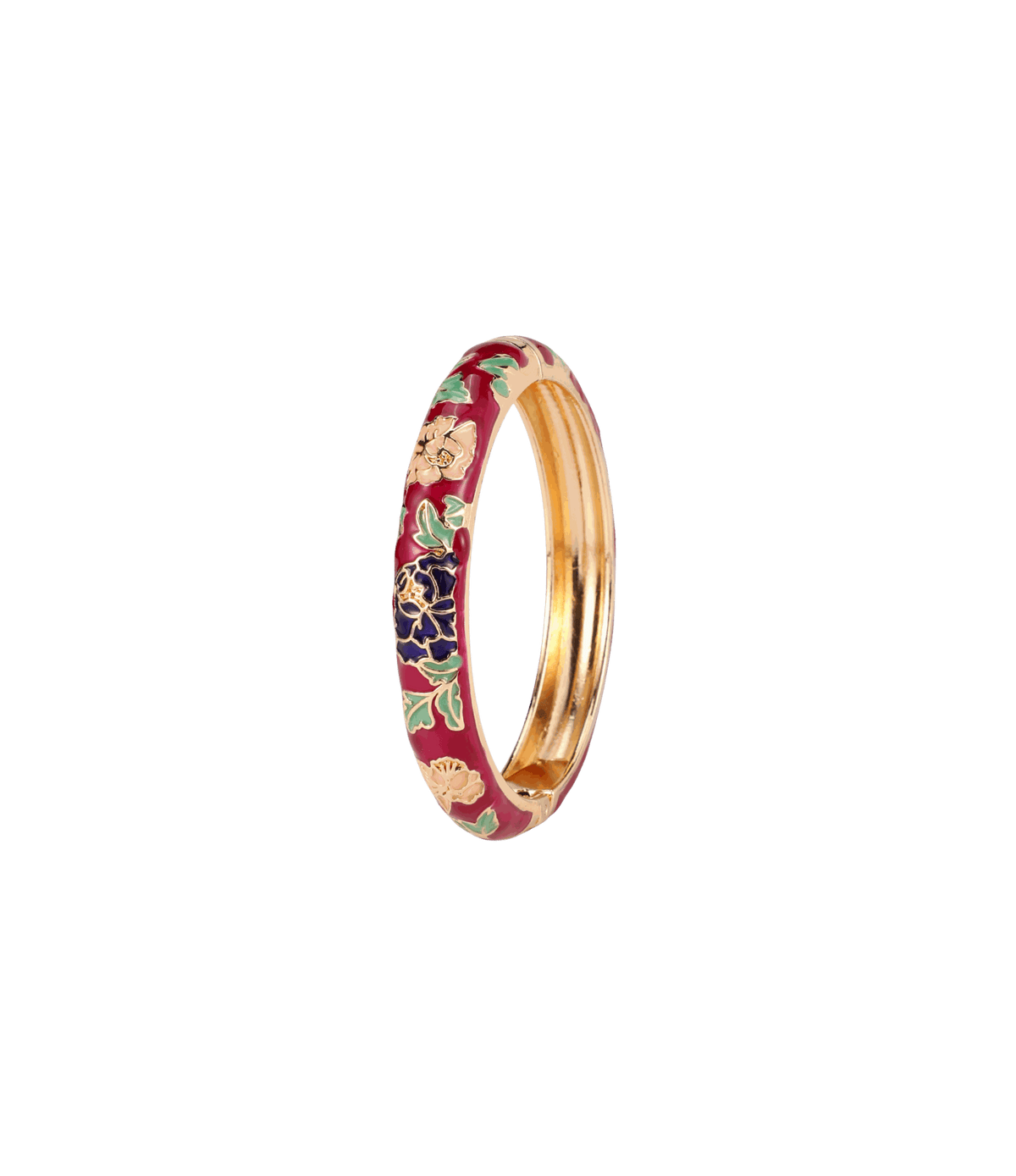 VIENNA ENAMEL BANGLE with a gold-tone metal finish, pink enamel and colourful floral detailing around the band.