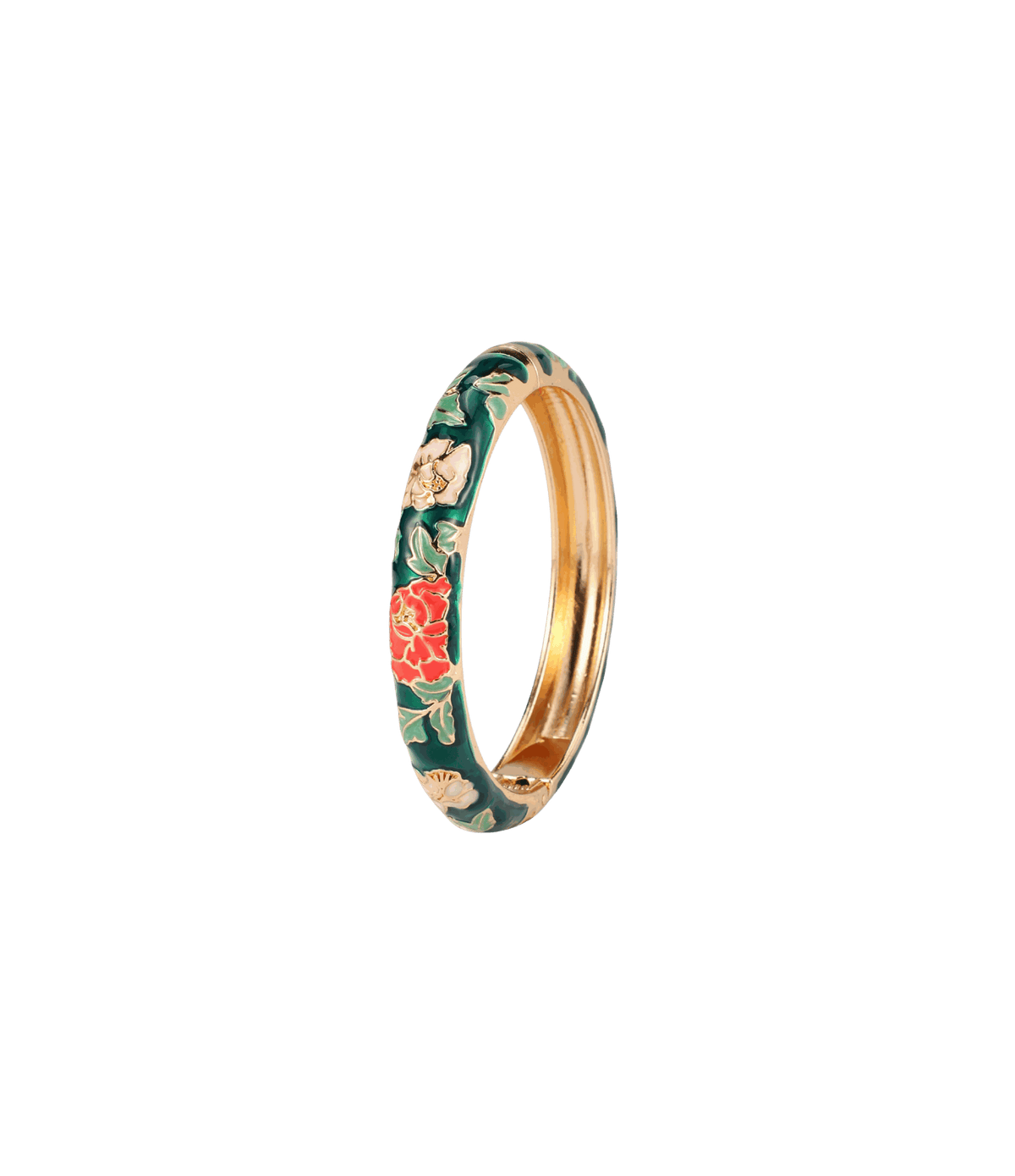 VIENNA ENAMEL BANGLE in glossy deep green enamel with red and cream floral details and a gold-tone metal band.