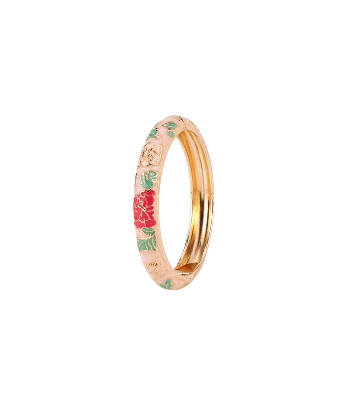 VIENNA ENAMEL BANGLE with a gold-tone metal finish, pale pink enamel, and raised red and green floral detailing.