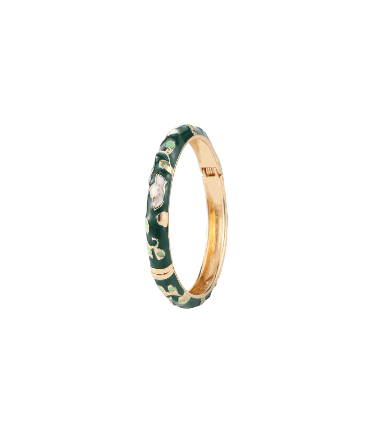 DAHLIA BANGLE in gold-tone metal with dark green enamel, cream floral details and a hinged clasp.