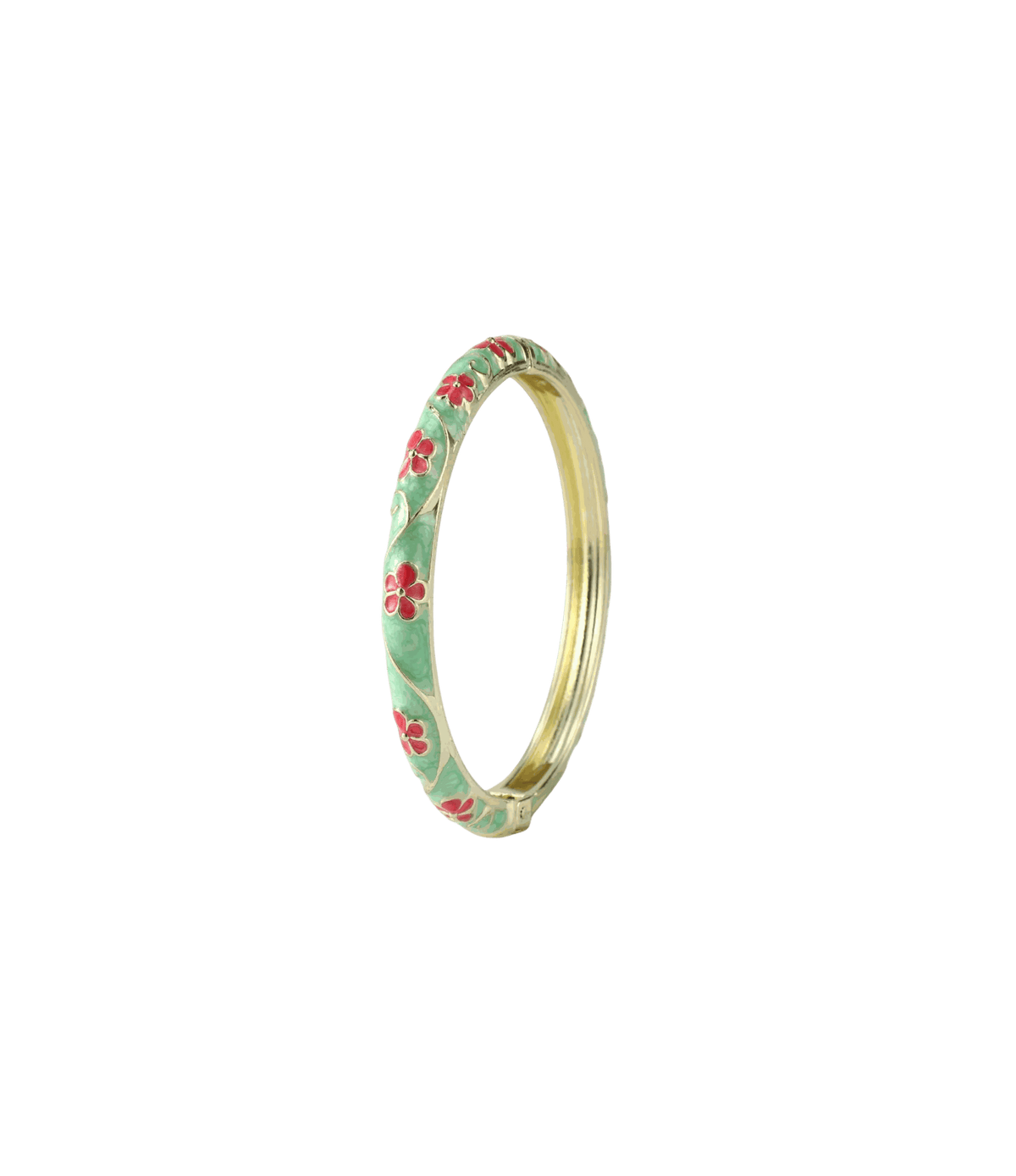 PIXIE BANGLE IN WATERMELON, slim gold-tone metal bangle with a mint green enamel band and red floral pattern.