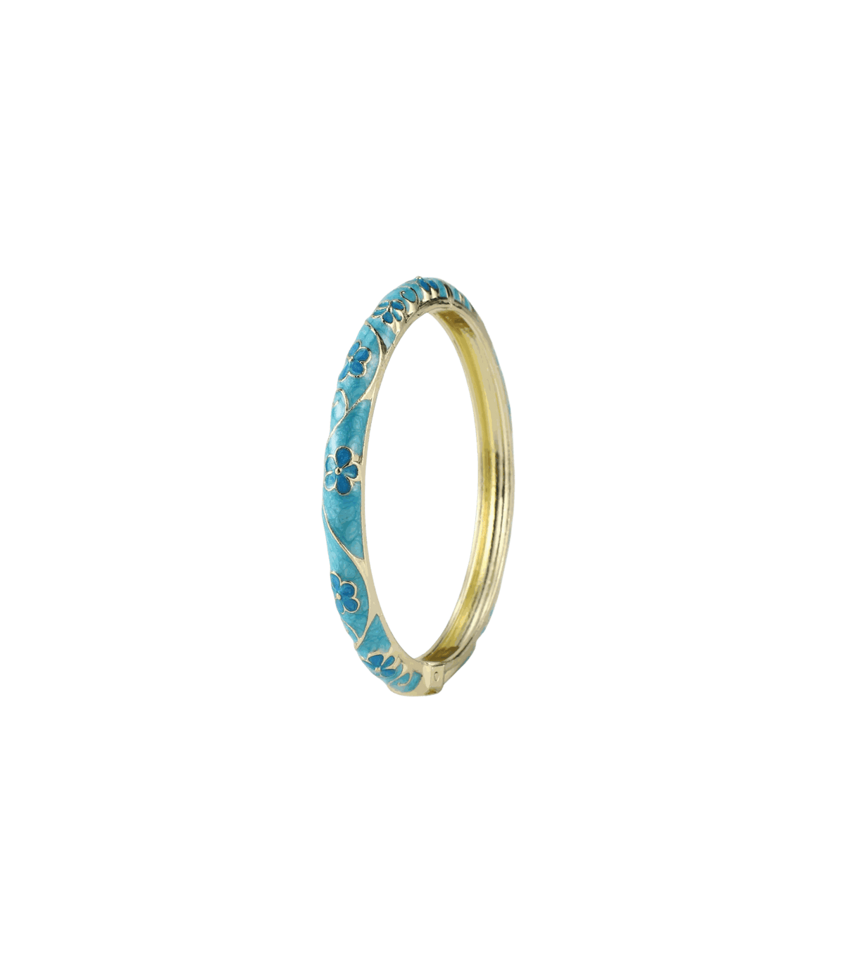 PIXIE BANGLE IN AQUAMARINE, a slim gold-tone bangle with turquoise enamel floral details and a smooth inner band.