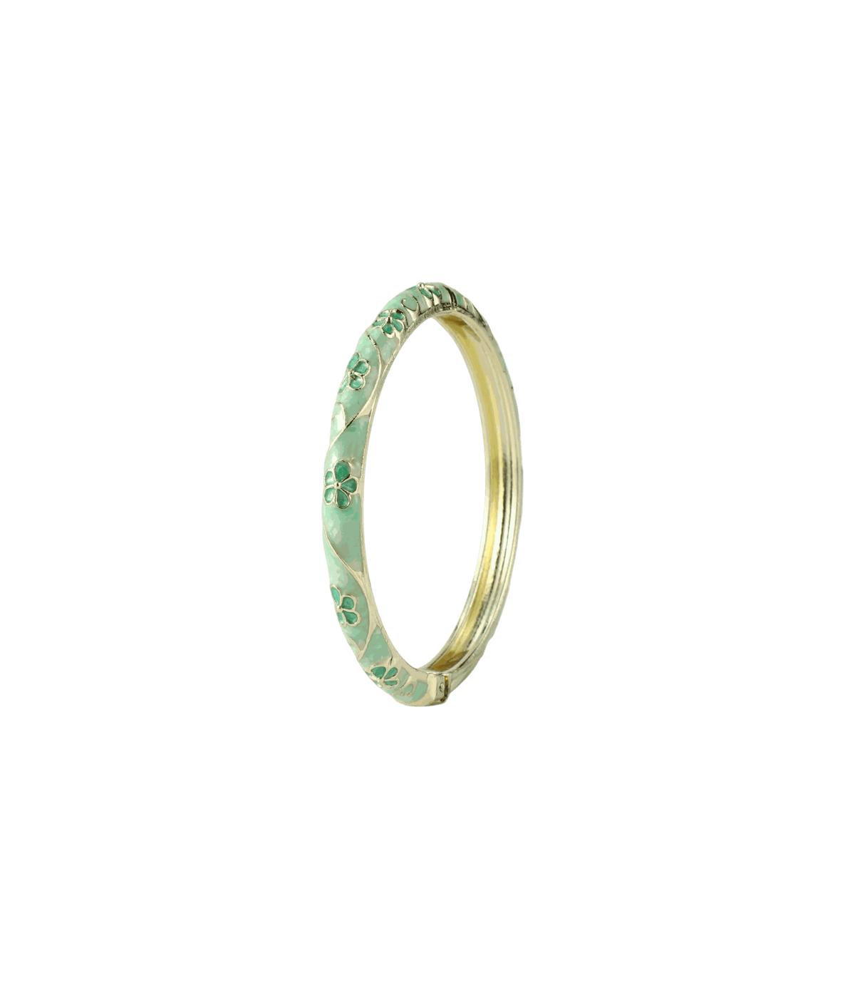 PIXIE BANGLE IN MINT, a gold-tone metal bangle with pale mint enamel and delicate floral detailing.