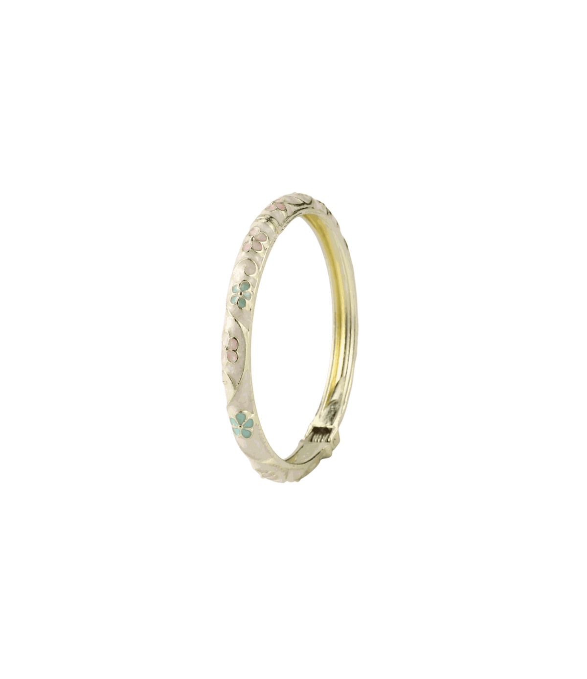 PIXIE BANGLE IN CREAM, an ivory enamel bangle with delicate pink and teal floral details and a gold-tone clasp.