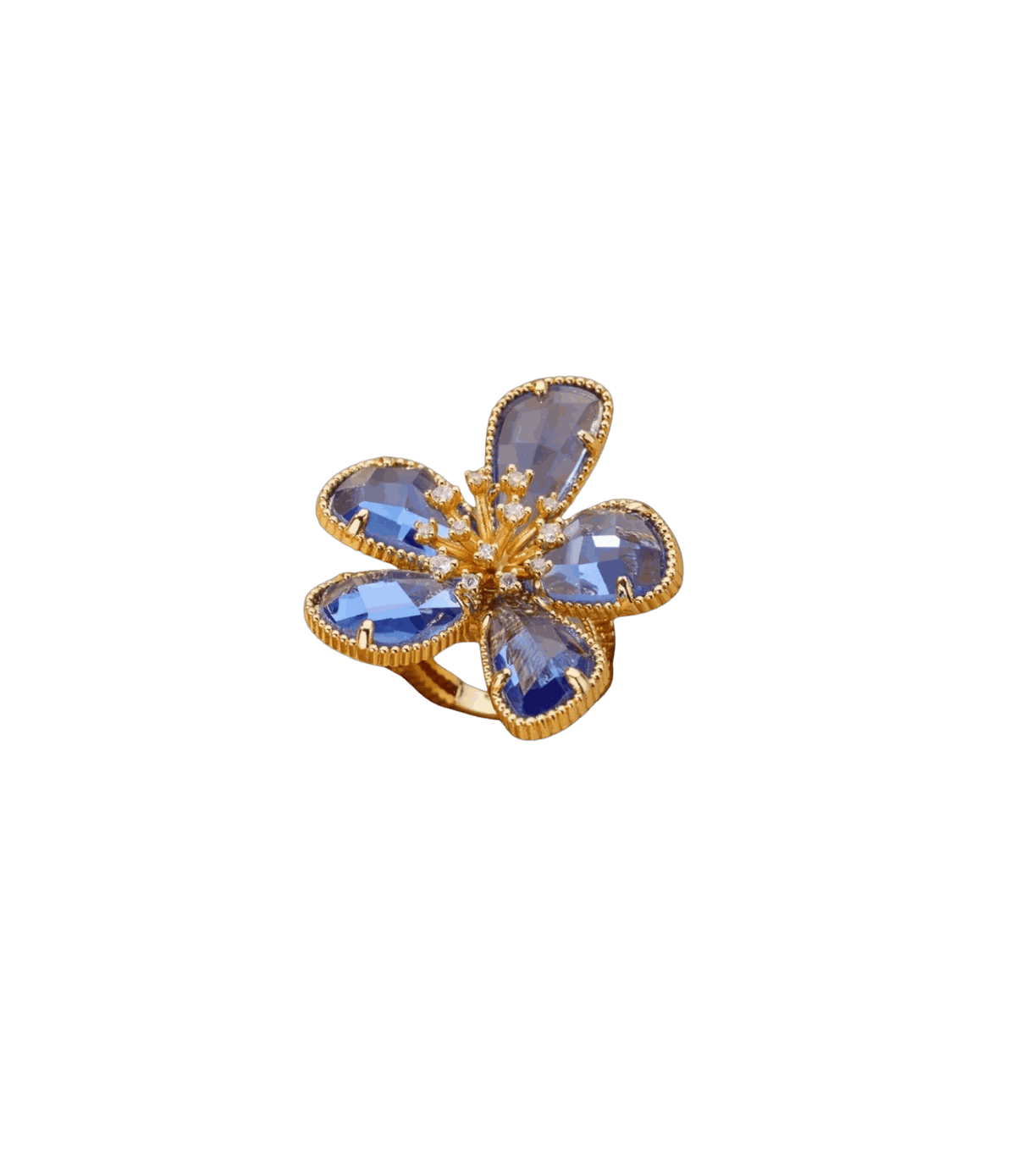 JULY FLOWER RING, gold-tone floral ring with five faceted blue-purple crystal petals and a raised golden center.