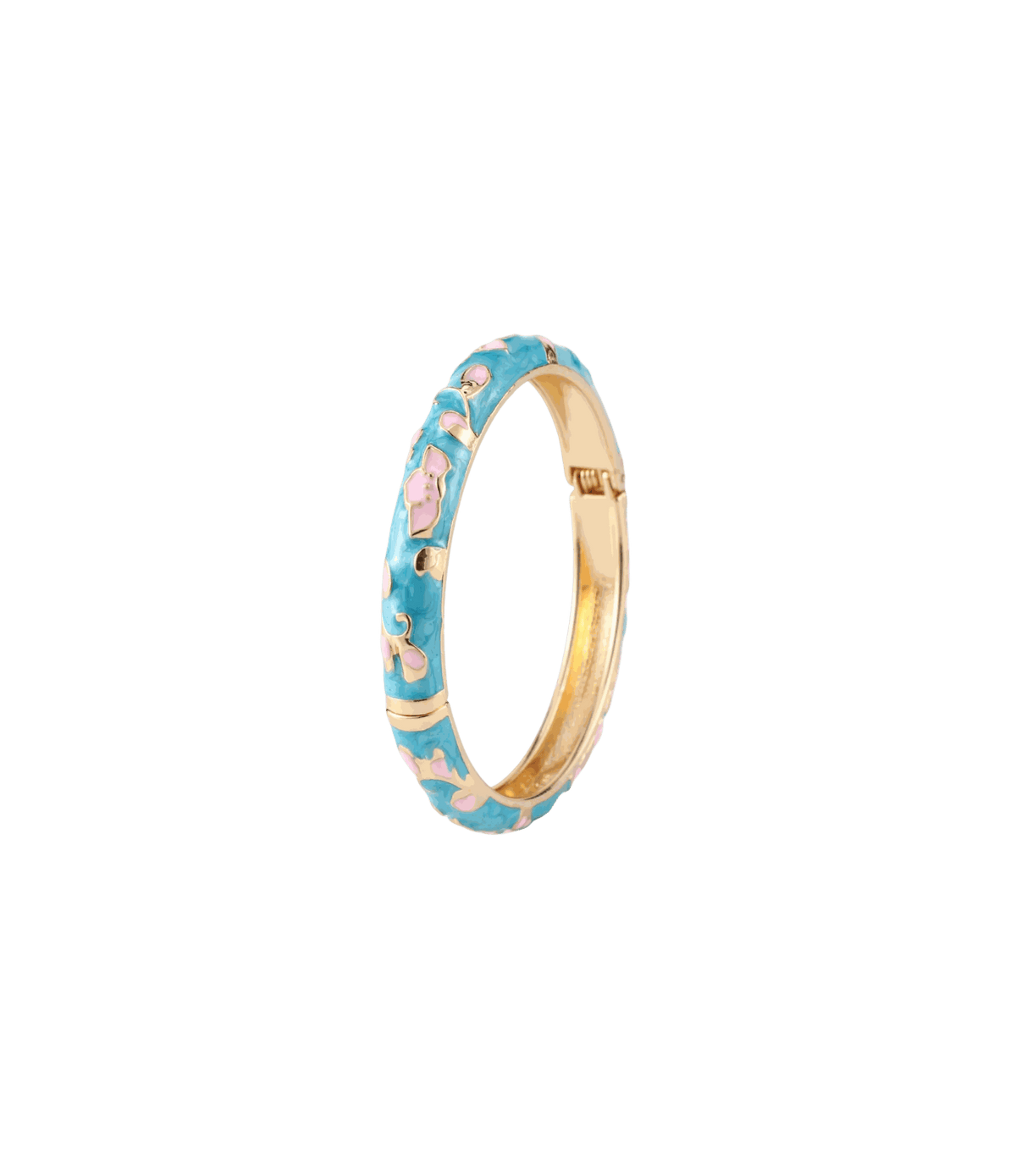 Enamel bangle in aquamarine with pink floral details and a gold-tone metal inner band, DAHLIA BANGLE IN AQUAMARINE