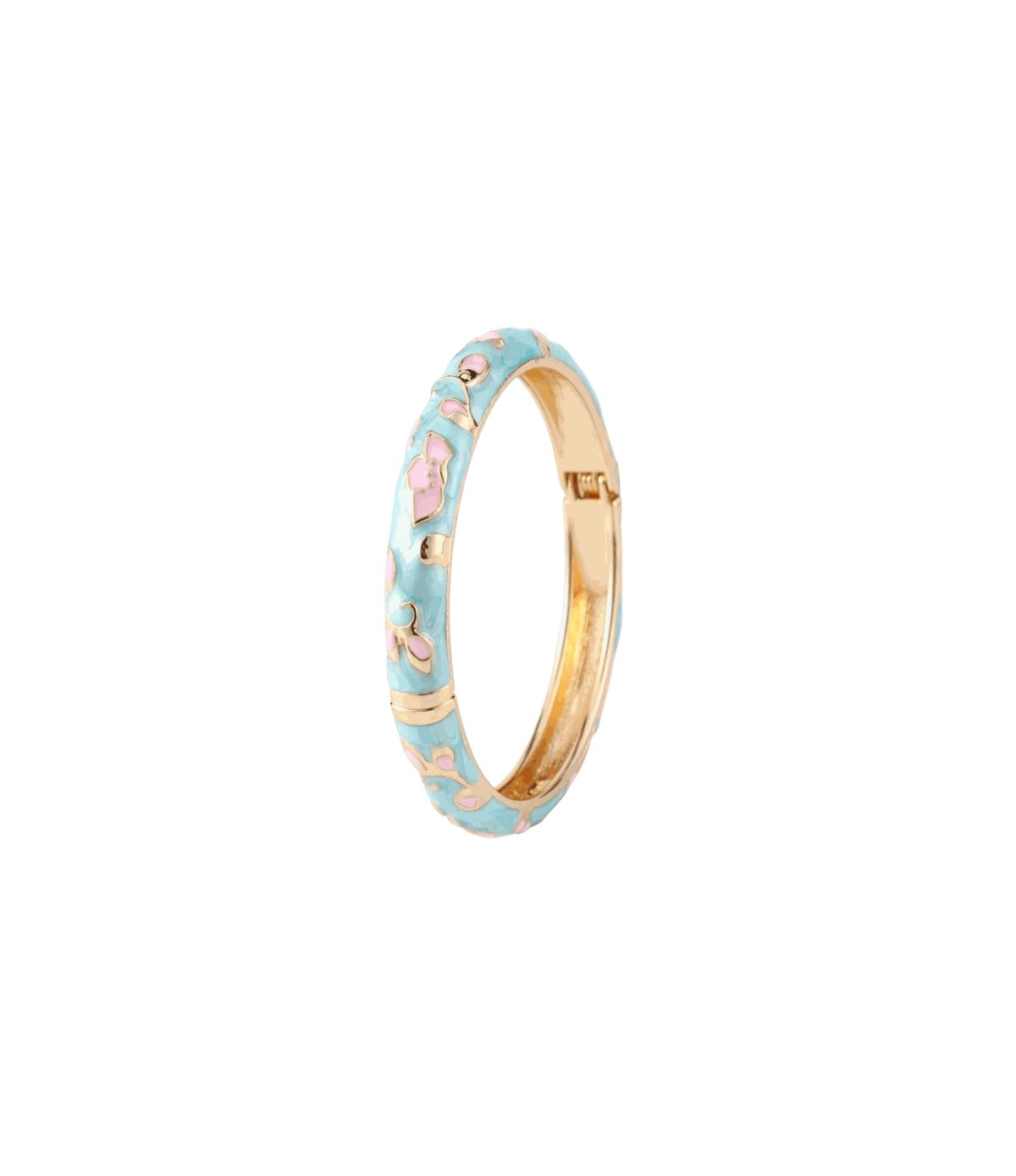 Bangle in light blue enamel with pink floral motifs and a gold-tone metal interior, DAHLIA BANGLE IN LIGHT BLUE.