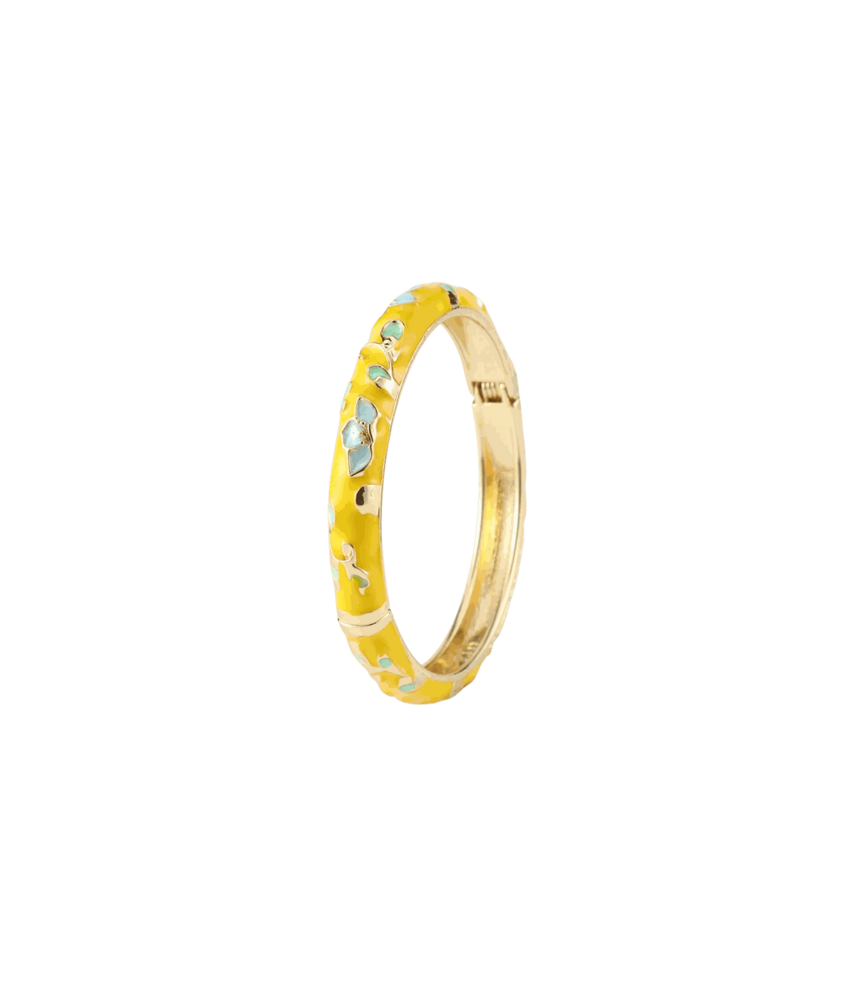 DAHLIA BANGLE IN YELLOW, a slim gold-tone metal bangle with bright yellow enamel and small floral cutout details.