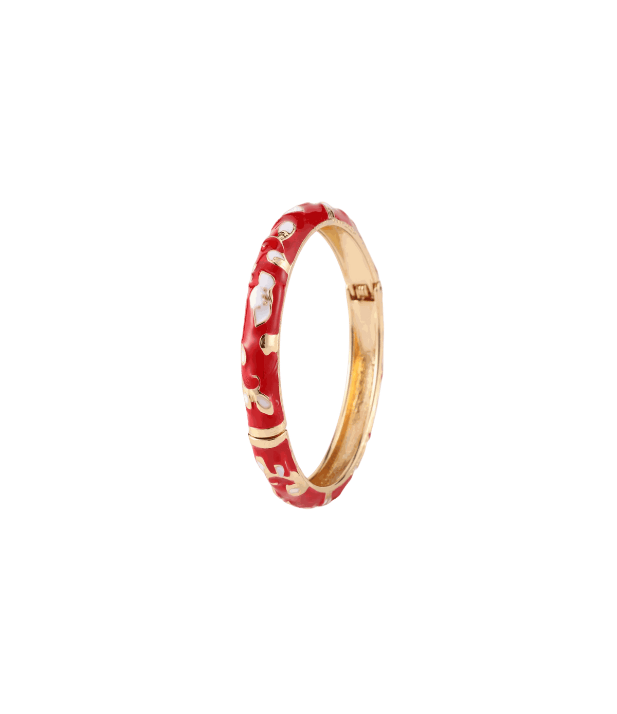 DAHLIA BANGLE IN RED, a gold-tone metal bangle with a glossy red enamel band and white floral pattern.