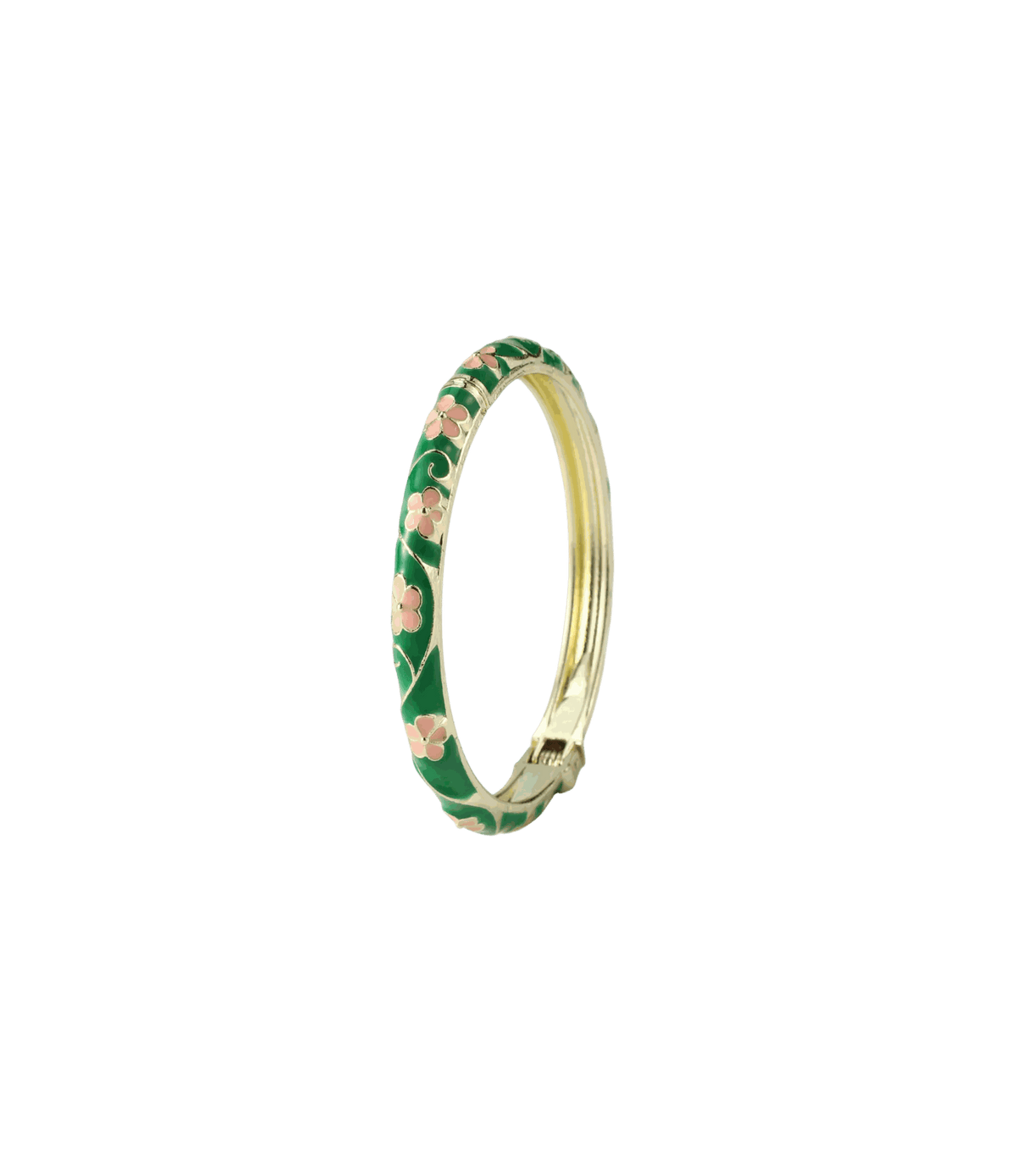 Enamel bangle, PIXIE BANGLE IN FLORA, with a deep green surface, delicate pink floral pattern and gold-tone edges.