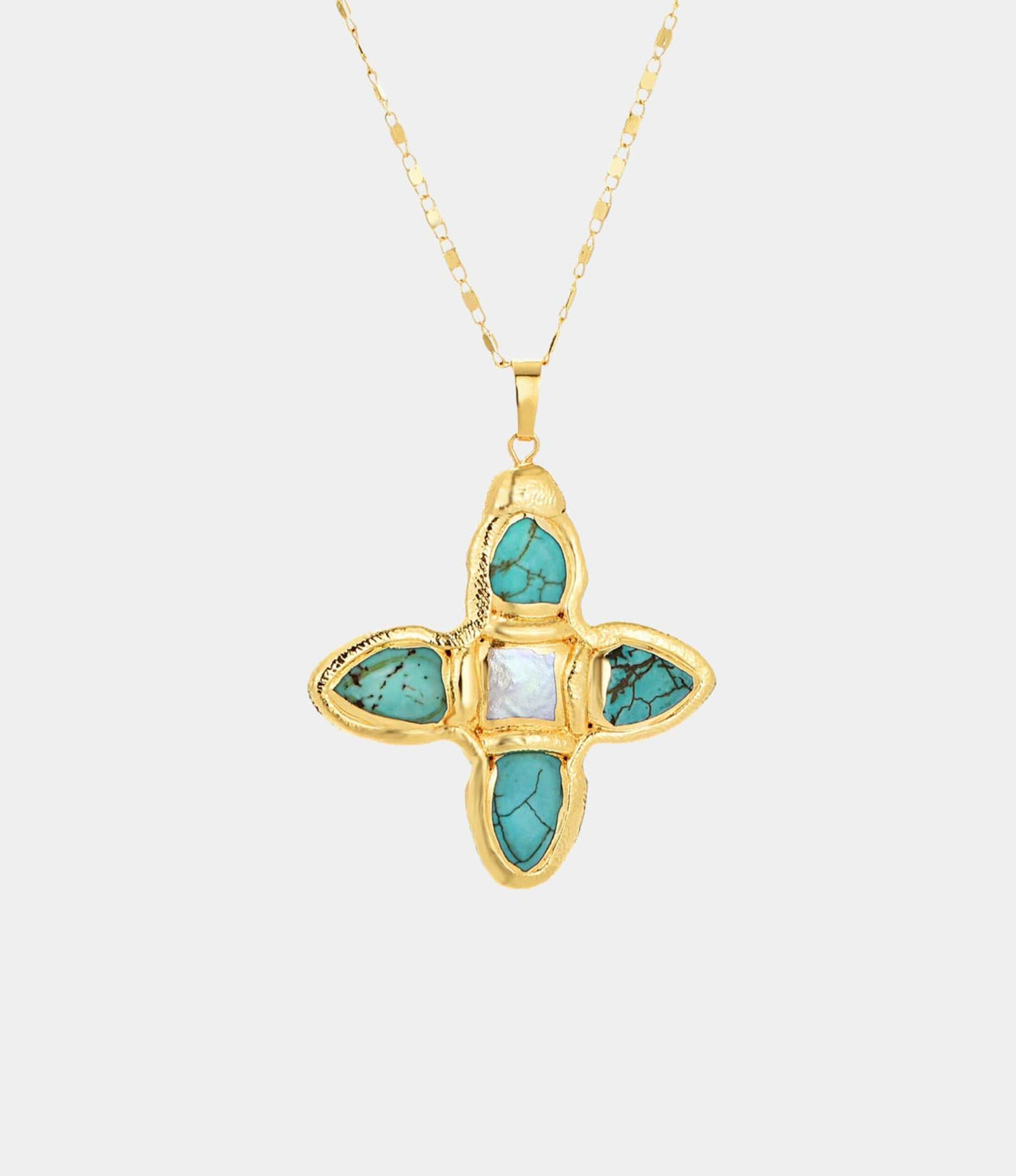OPHELIA NECKLACE IN BLUE, gold-tone chain with a cross-shaped pendant featuring turquoise and pale blue stones.