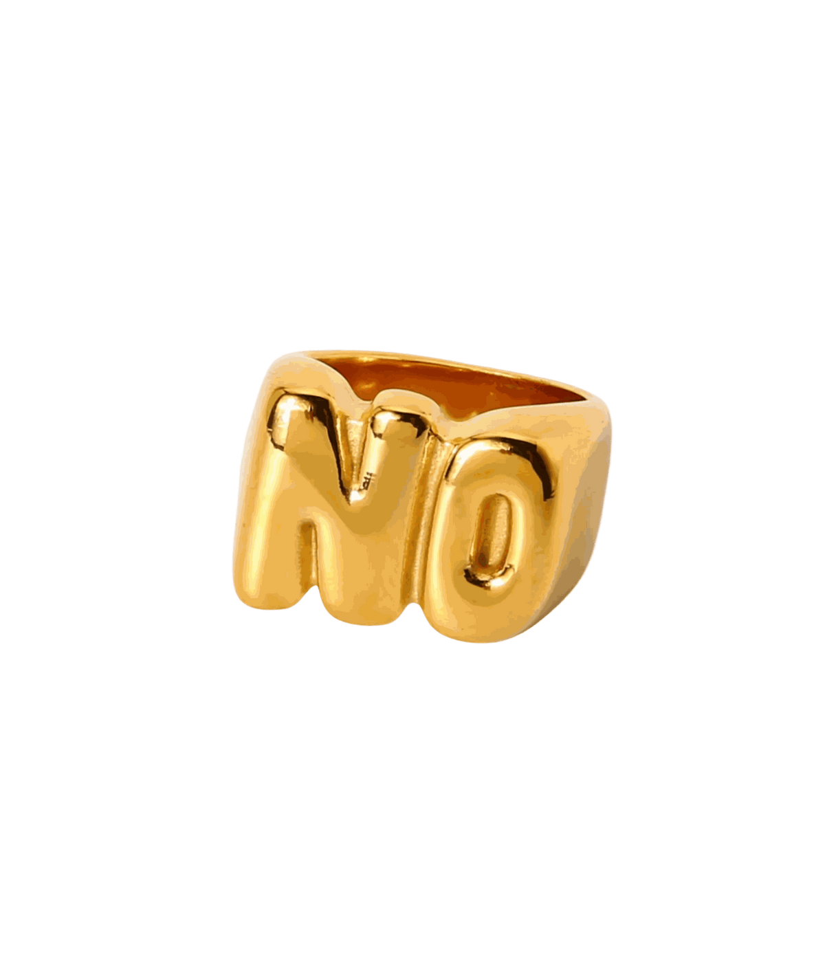 NO RING gold-tone polished ring with a chunky sculpted band and raised “NO” lettering across the front