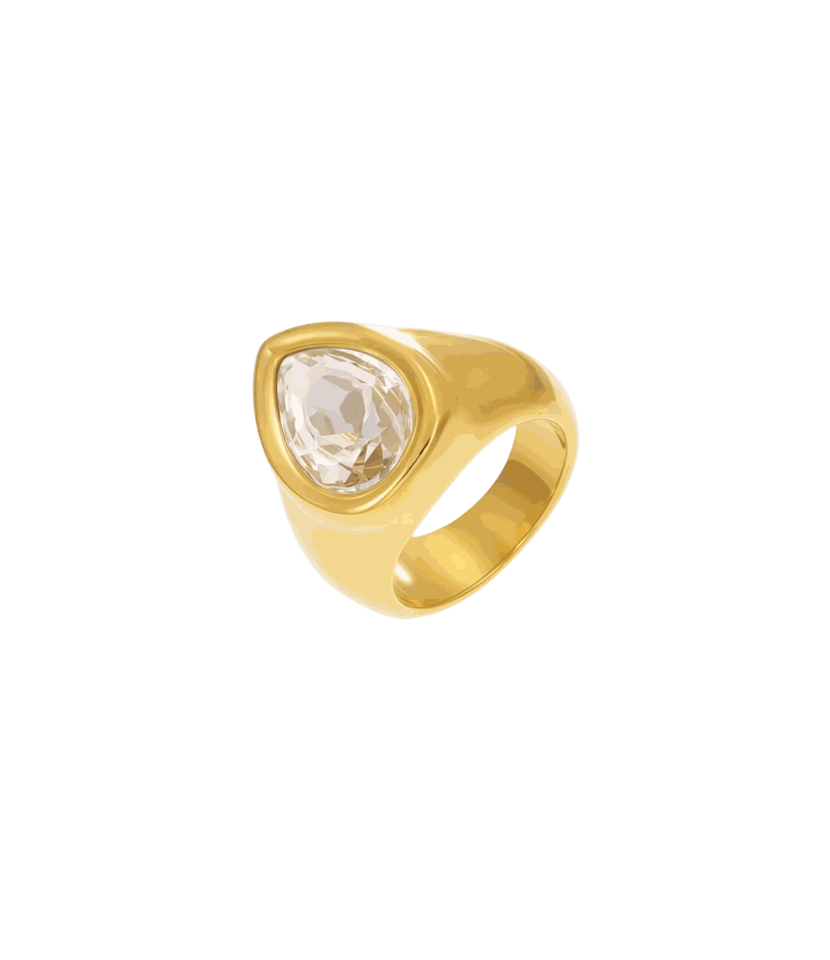 TEARDROP RING IN WHITE with a polished gold-tone band and a large clear faceted teardrop stone in a raised bezel setting.