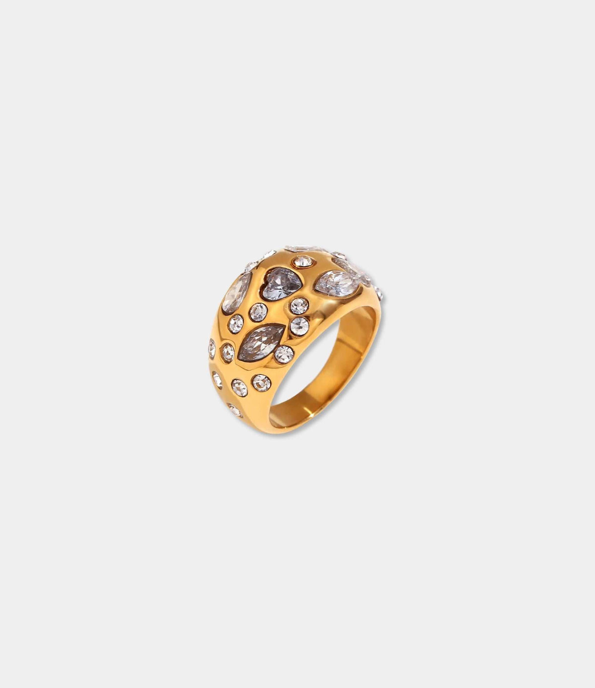 Gold-tone RENEE RING with a sculptural openwork band set with clear and smoky oval and round stones.