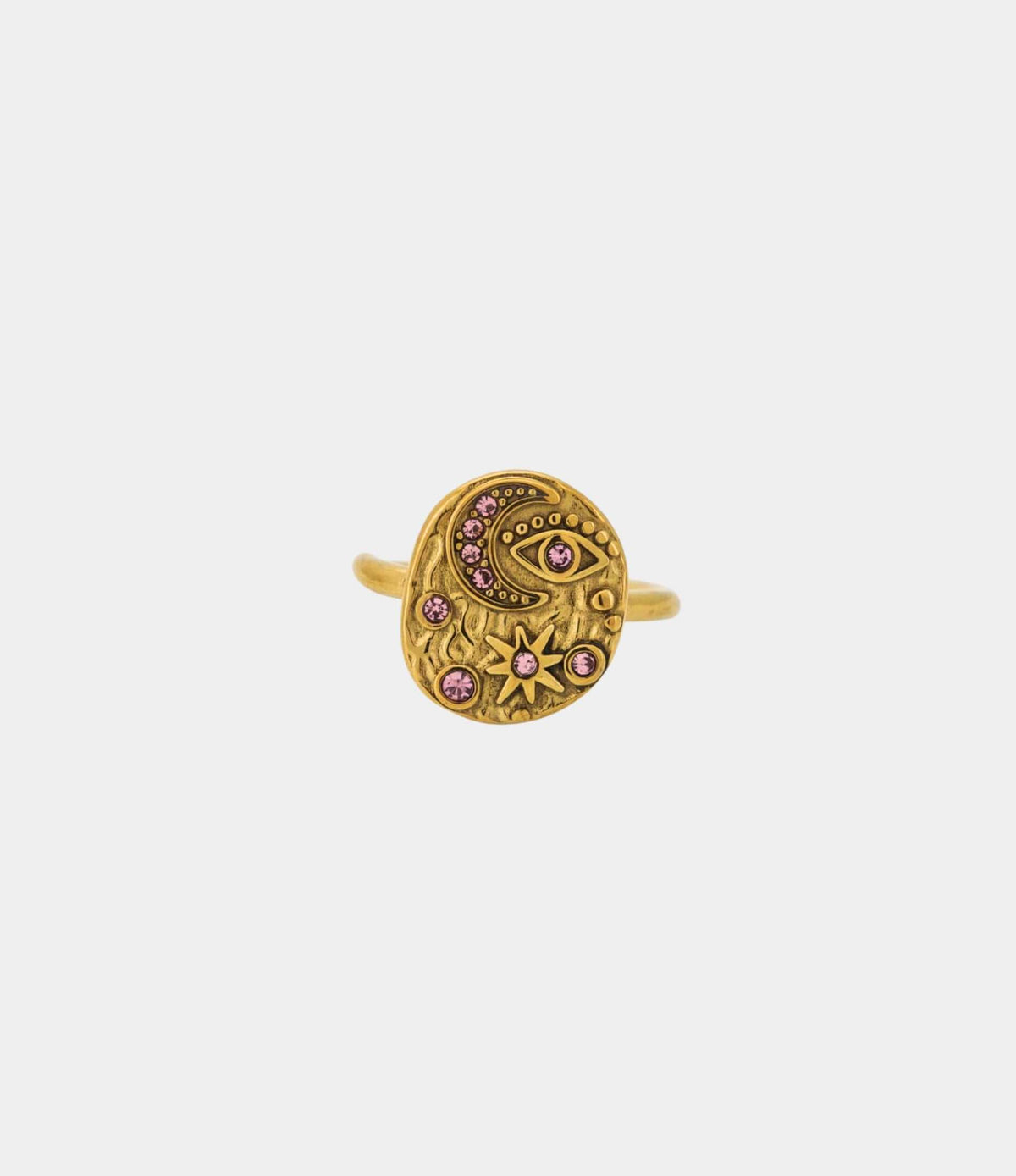 MOON SONNET RING in gold-tone metal with an ornate oval face, crescent moon, and pink and clear gem details.