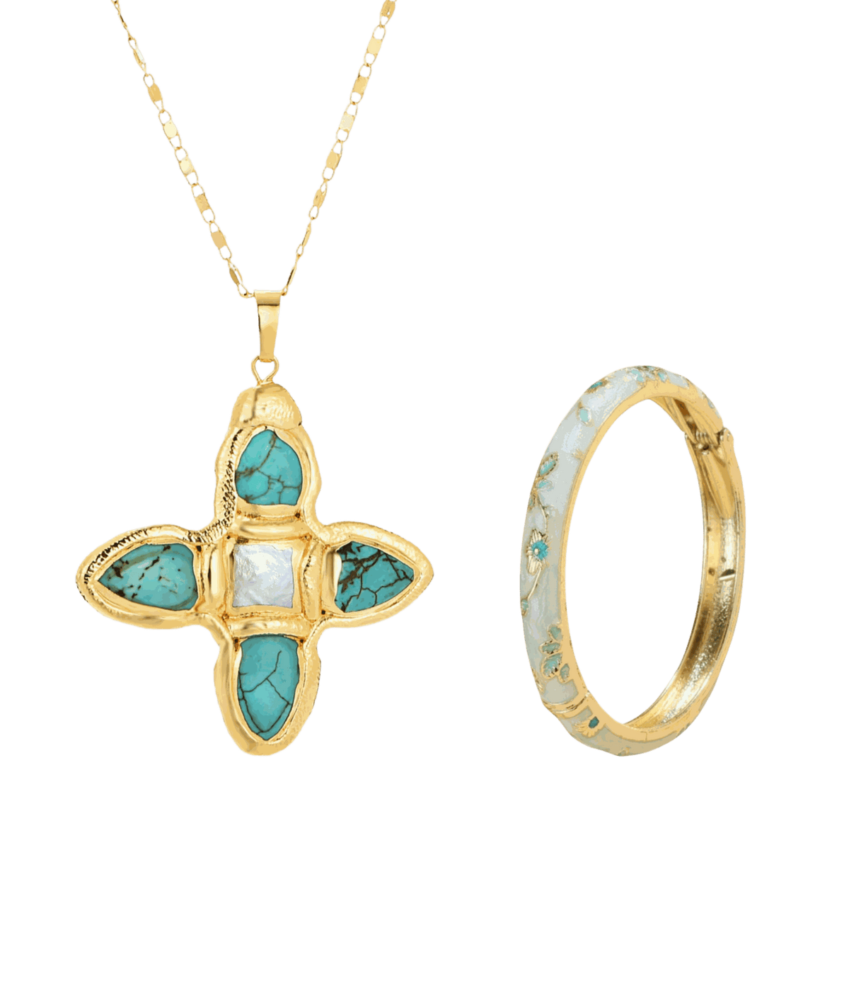 STARGIRL101: THE DUO SET with a gold-tone necklace featuring turquoise and pale blue stones, plus a pale blue enamel bangle.