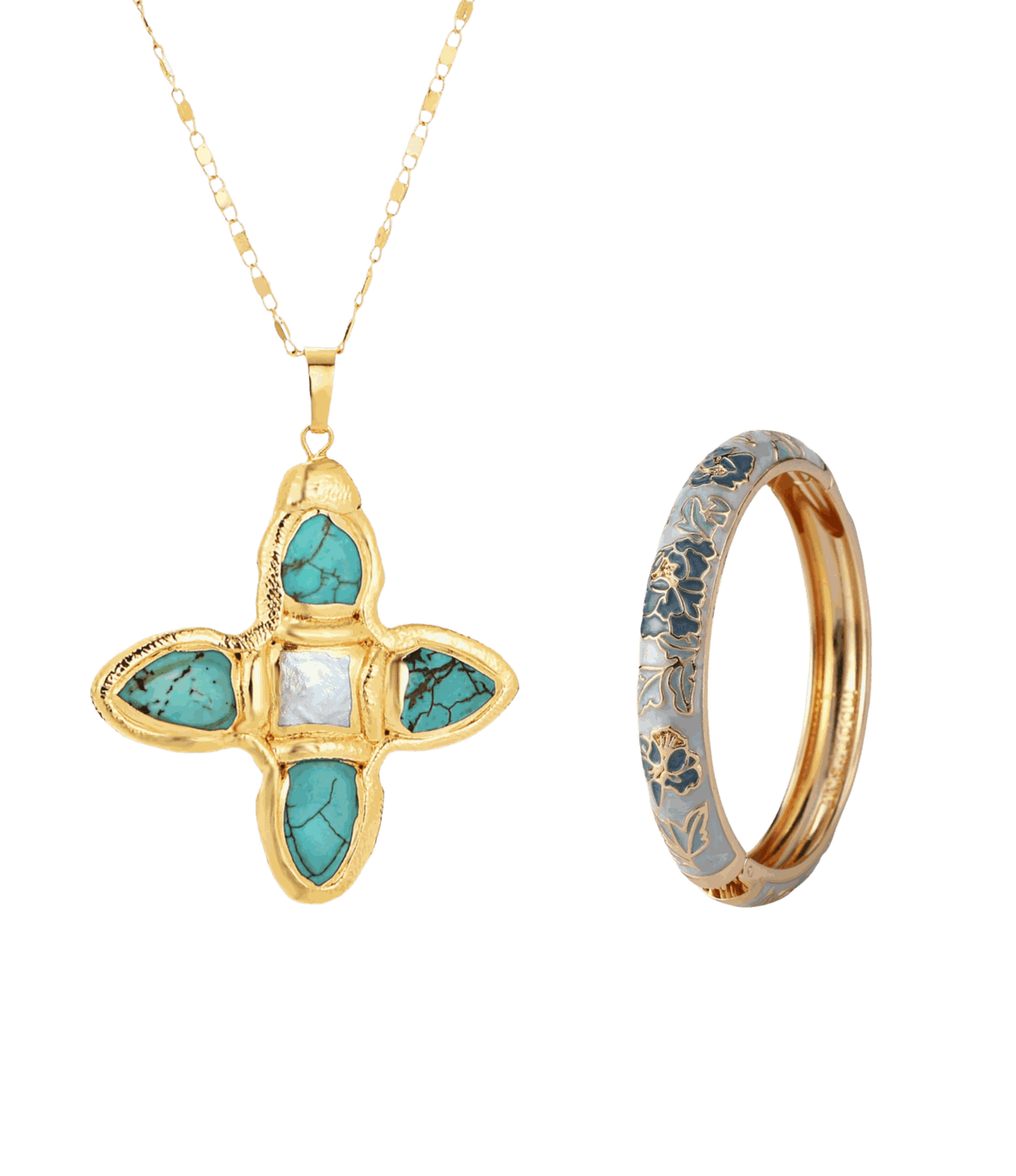 STAR GIRL101: THE OG SET featuring a gold-tone necklace with a turquoise and pale blue cross pendant, beside a blue floral enamel bangle.