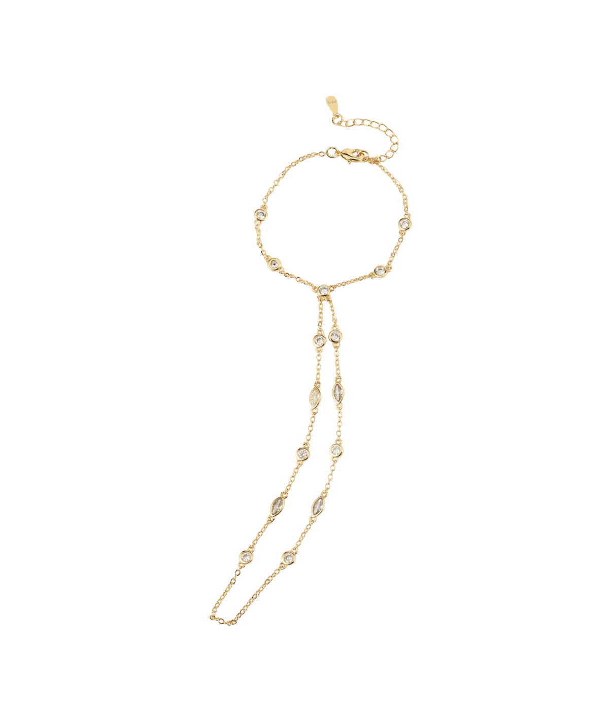 Aaliyah Hand Chain in gold-tone delicate metal links, with a wrist loop, finger chain and small clear stones
