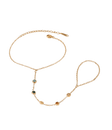 ADA BRACELET gold-tone metal hand-chain bracelet with delicate linked chain and small multicoloured stones, connecting to a finger ring.