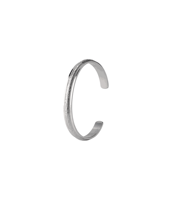 Adeline Bangle - Stainless steel bangle, silver-toned open cuff with delicate engraved detailing and a smooth finish.
