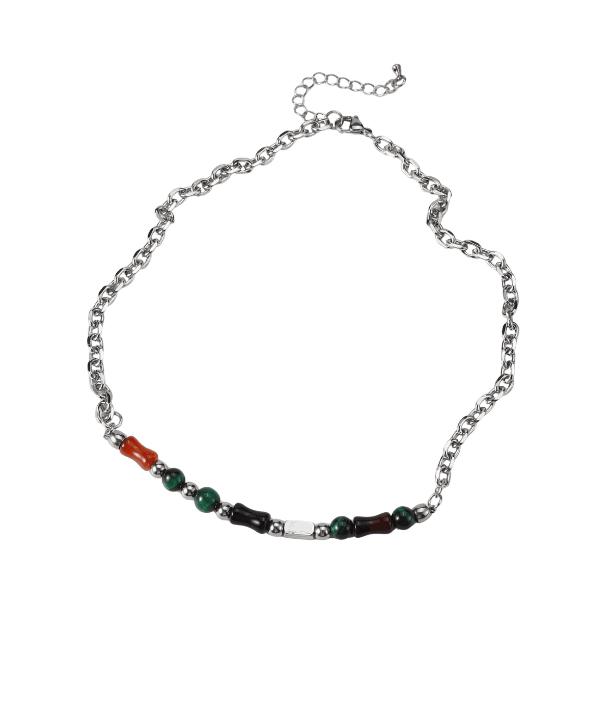 Alder Necklace - Men’s Silver Agate Beaded Necklace with a silver chain and small dark green, black and amber beads